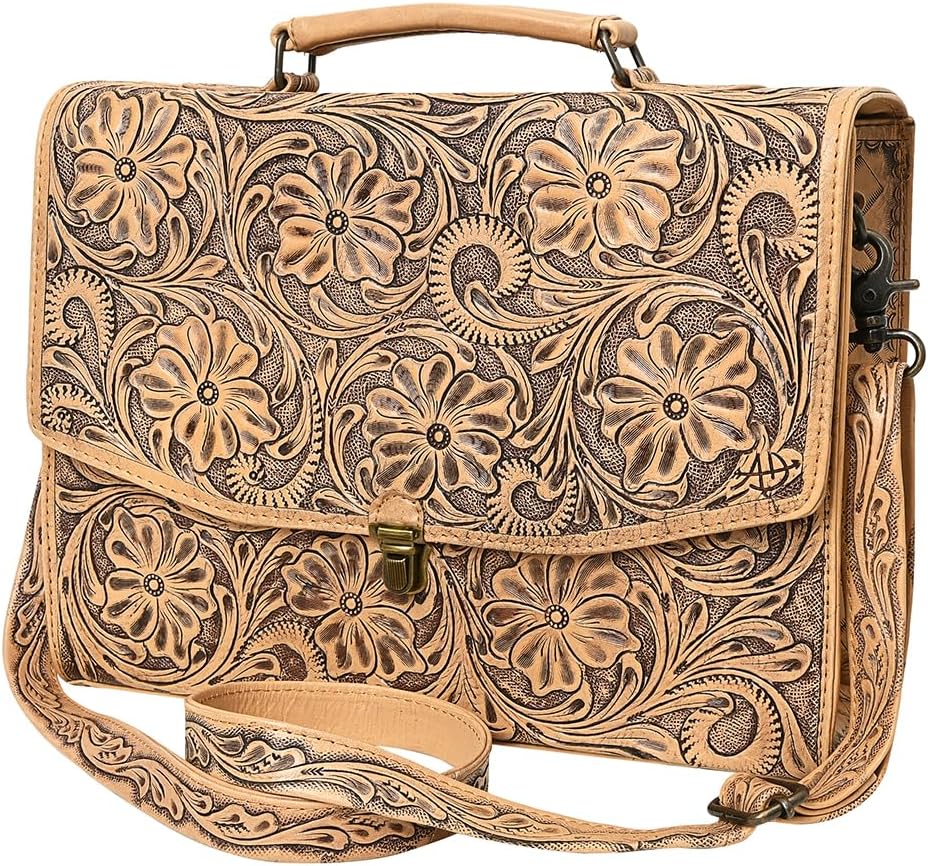 American Darling Western Hand-Tooled Leather Briefcase Bag – Floral Carved Genuine Leather Work Bag with Strap | Premium Artisan Craft