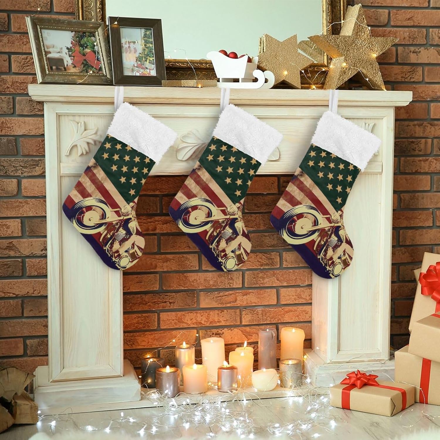Qilmy Christmas Stockings Large Candy Skull Motorcycle American Flag Stockings Stuffers Kids Cute Personalized Sock with Crystal Velvet Decorations for Xmas Home Holiday Party 12" x18" 1PCS