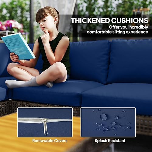 Miniatura 6 de Outsunny Juego de muebles de mimbre de 7 piezas, modular para exteriores con cojines gruesos, juego de conversación de muebles de ratán para