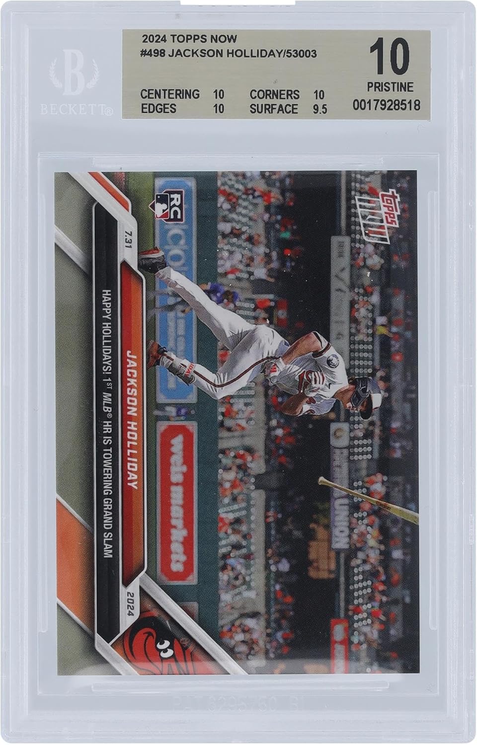 Jackson Holliday Baltimore Orioles 2024 Topps Now Happy Hollidays! 1st MLB HR is Grand Slam 07.31.24#498 BGS Authenticated 10 Rookie Card - 10,10,10,9.5 Subgrades - Baseball Slabbed Rookie Cards
