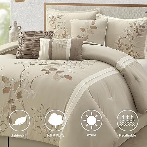Miniatura 2 de Juego de edredón beige tamaño King, cama de 7 piezas en una bolsa, elegante bordado de hojas florales, suave y ligero, juego de ropa de cama para