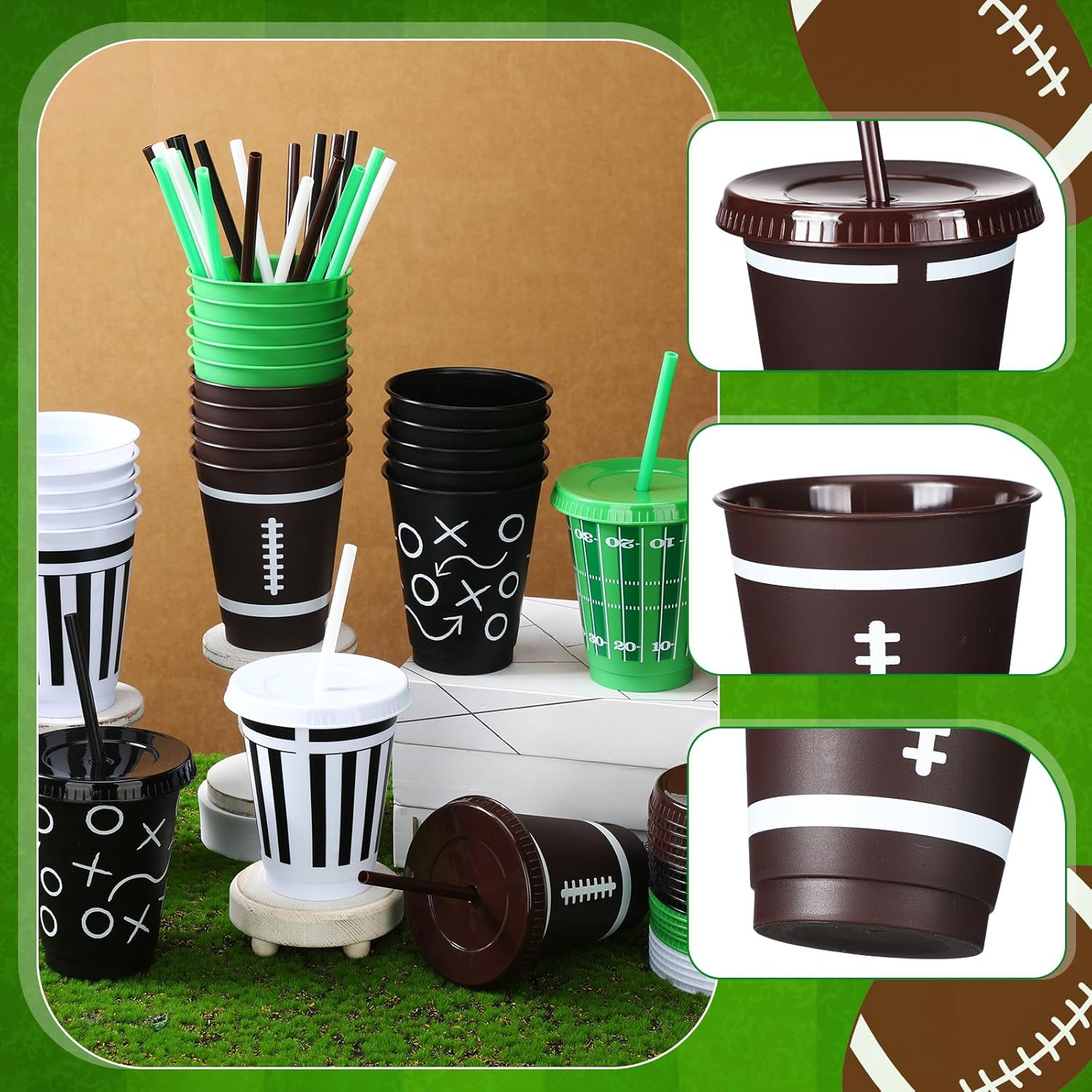 Havawish 24 Pcs Bulk Reusable Football Cups with Lids and Straws 16 oz Plastic Football Tumblers Ball Drink Cup for Sport Birthday Party Supplies Decorations in 4 Designs