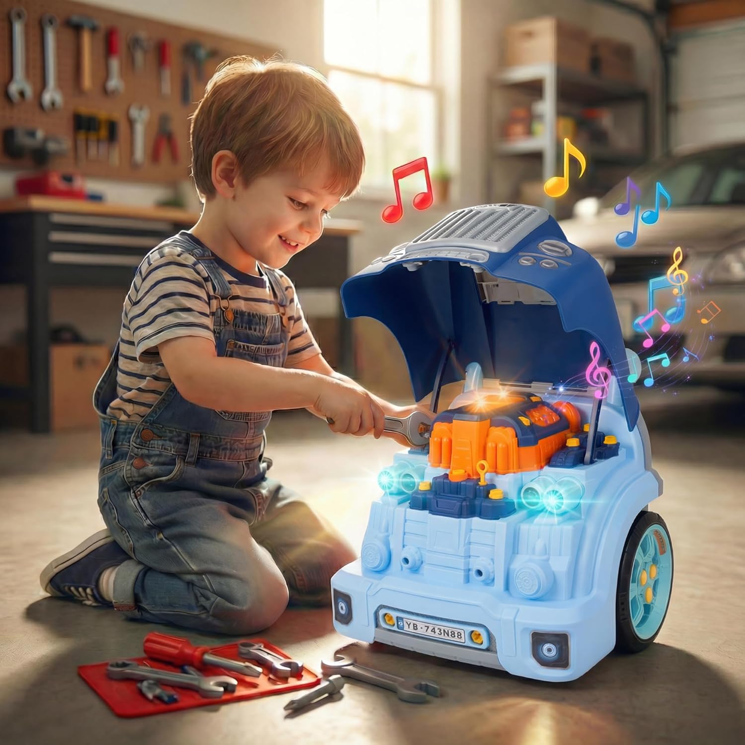 Interactive Truck Engine Toy with Removable Parts - Lights, Sounds, and Fun for Young Mechanics -Unleash Their Creativity and Motor Skills with This Truck Engine Toy (Bule)