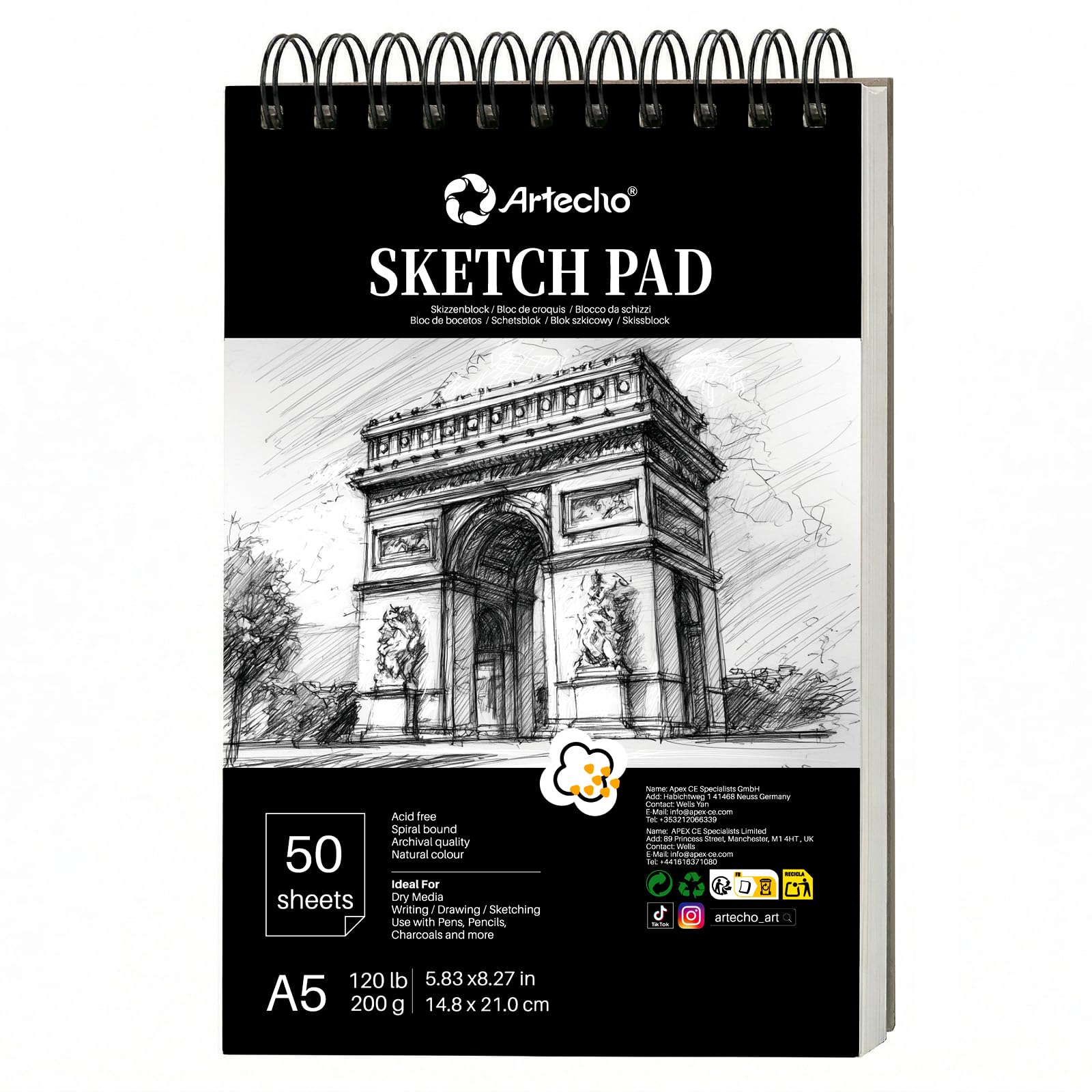 Artecho A5 Sketch Book, 200gsm Hardcover Spiral Bound Sketch Pad, 50 Sheets Acid Free Drawing Paper for Pencil, Charcoal, Pastel and Travel Sketching