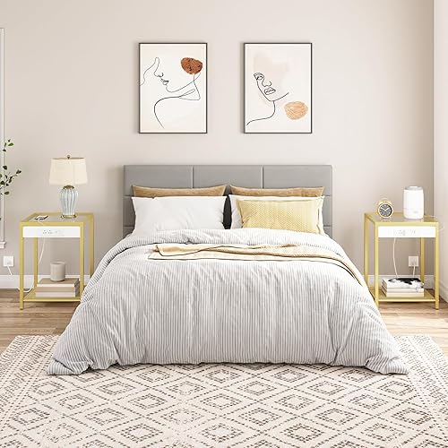 Miniatura 4 de HOOBRO Mesa auxiliar con estación de carga, mesa auxiliar con puerto USB, mesita de noche para espacios reducidos, vidrio templado, marco de metal