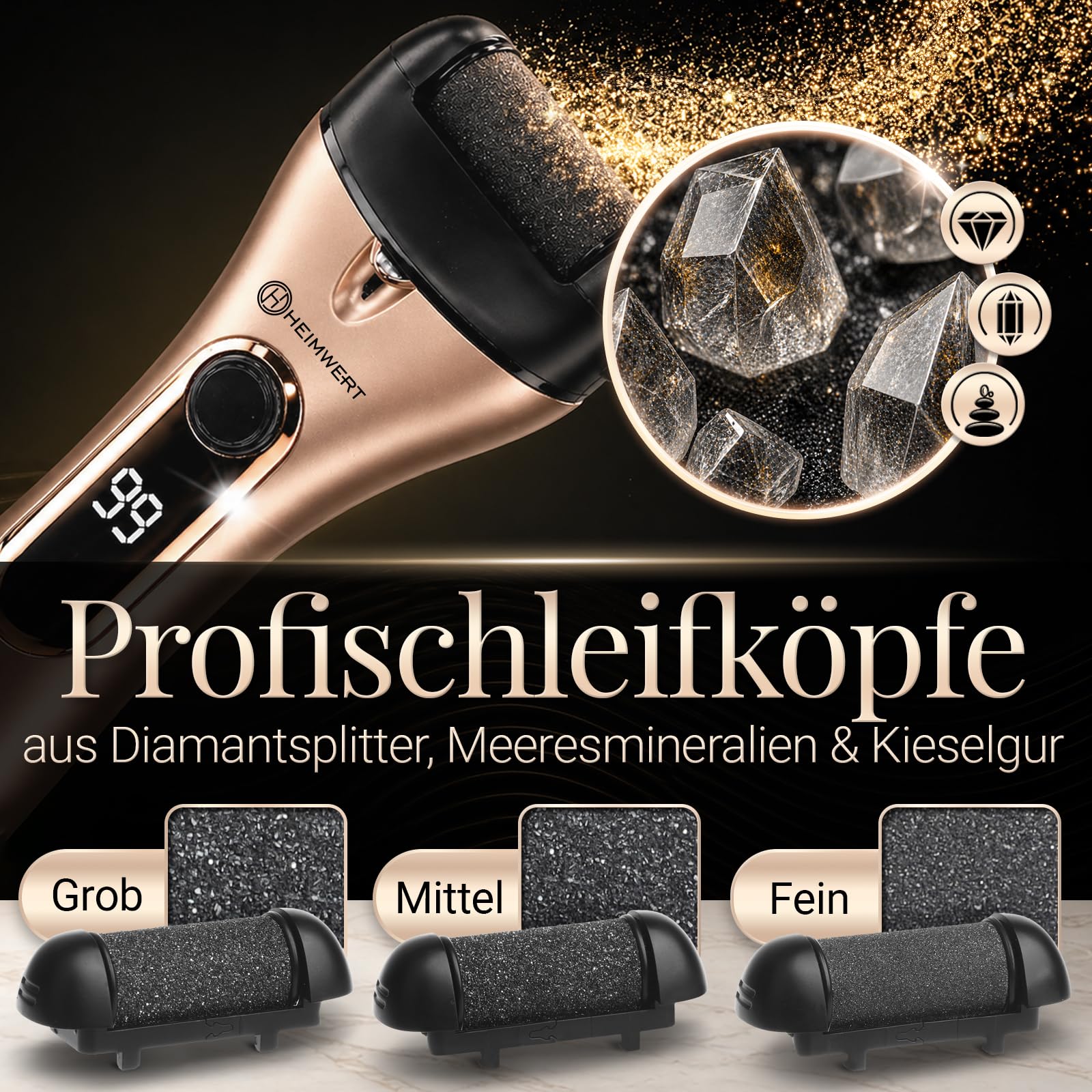 Heimwert PediWell Pro - Eliminador de callos eléctrico con diamante, motor extrapotente, húmedo/seco, batería de alto rendimiento y luz para eliminar rápidamente callos de los pies (dispositivo)