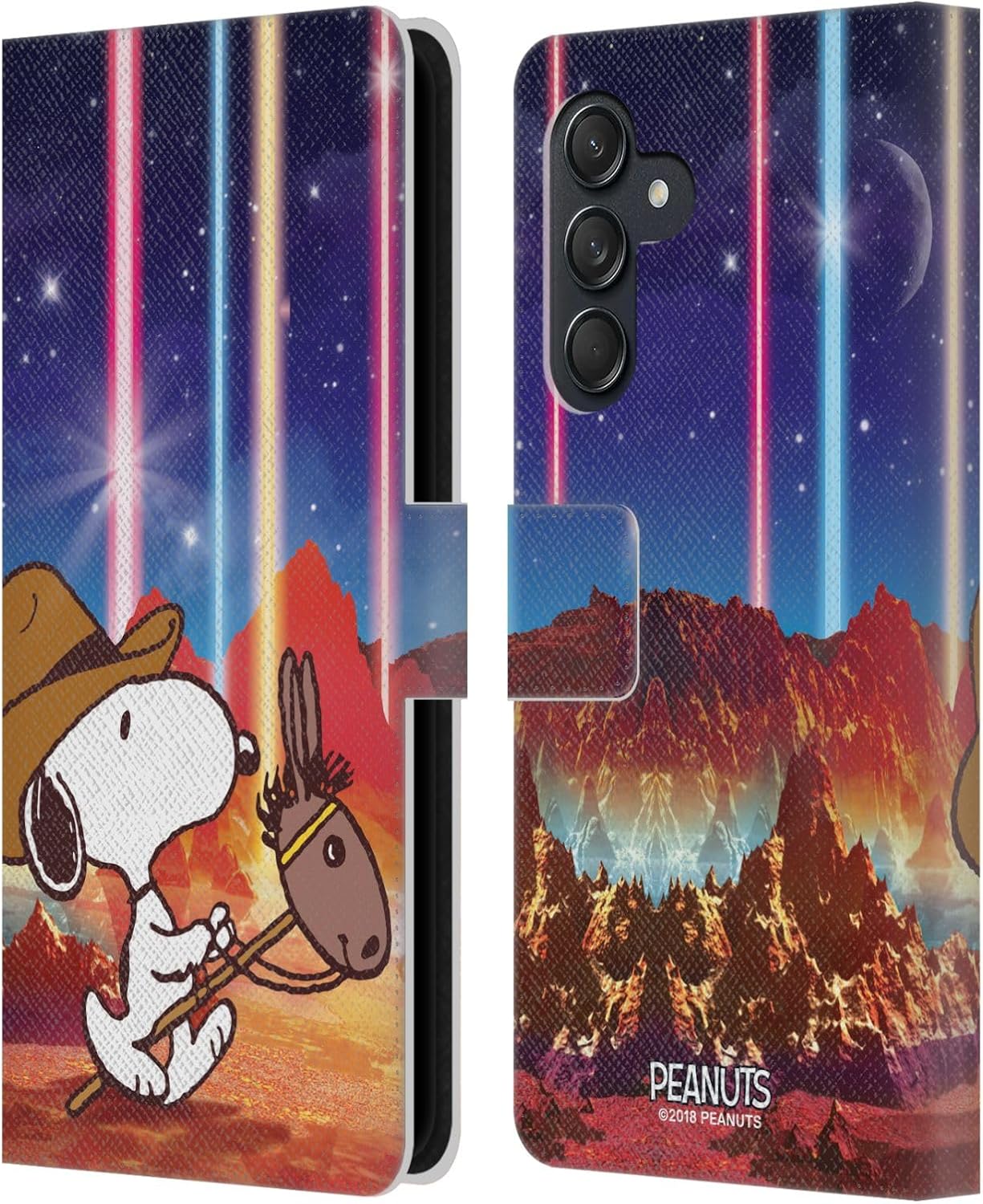 Head Case Designs Officially Licensed Peanuts Nebula Horse Riding Snoopy Space Cowboy Leather Wallet Case Compatible with Samsung Galaxy M55 5G