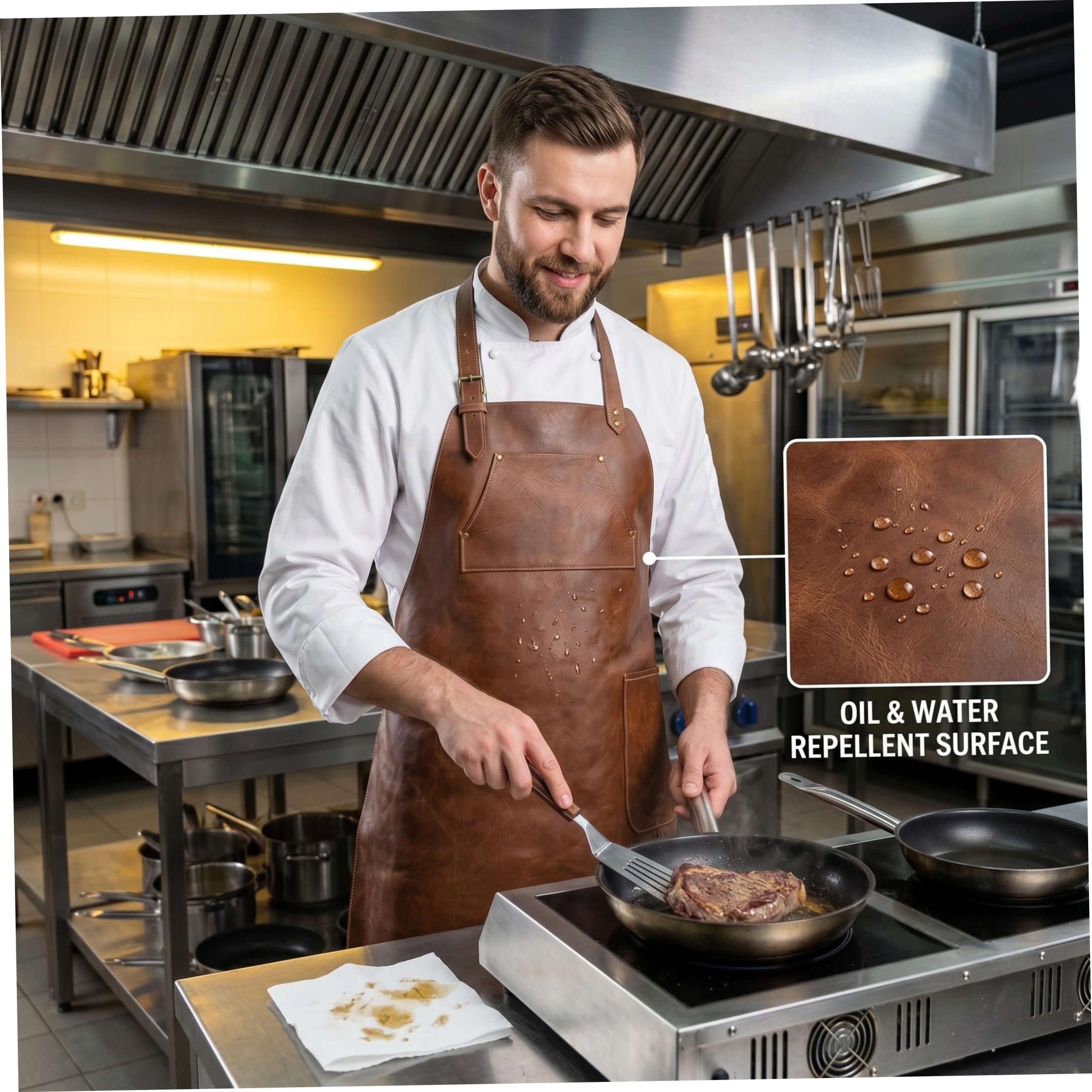 Schürze|Schürze Leder Herren Grill Wasserdicht und ölbeständig Verstellbarer Nackengurt mit Werkzeugtasche, Braun