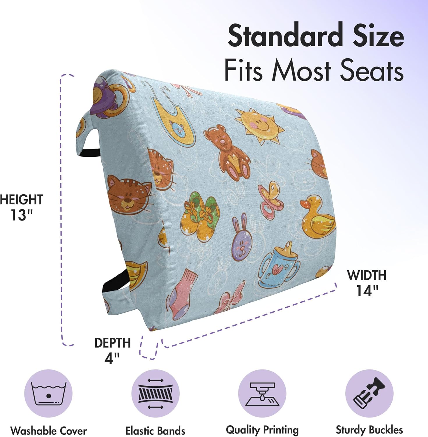 Ambesonne Cartoon Lumbar Back Support Pillow, Sun Teddy Bear Ribbon Feeder Pacifier Chick Kitty Cat Design, High Density Foam for Office Chairs Car Seats, 14" x 13", Pale Blue Cinnamon