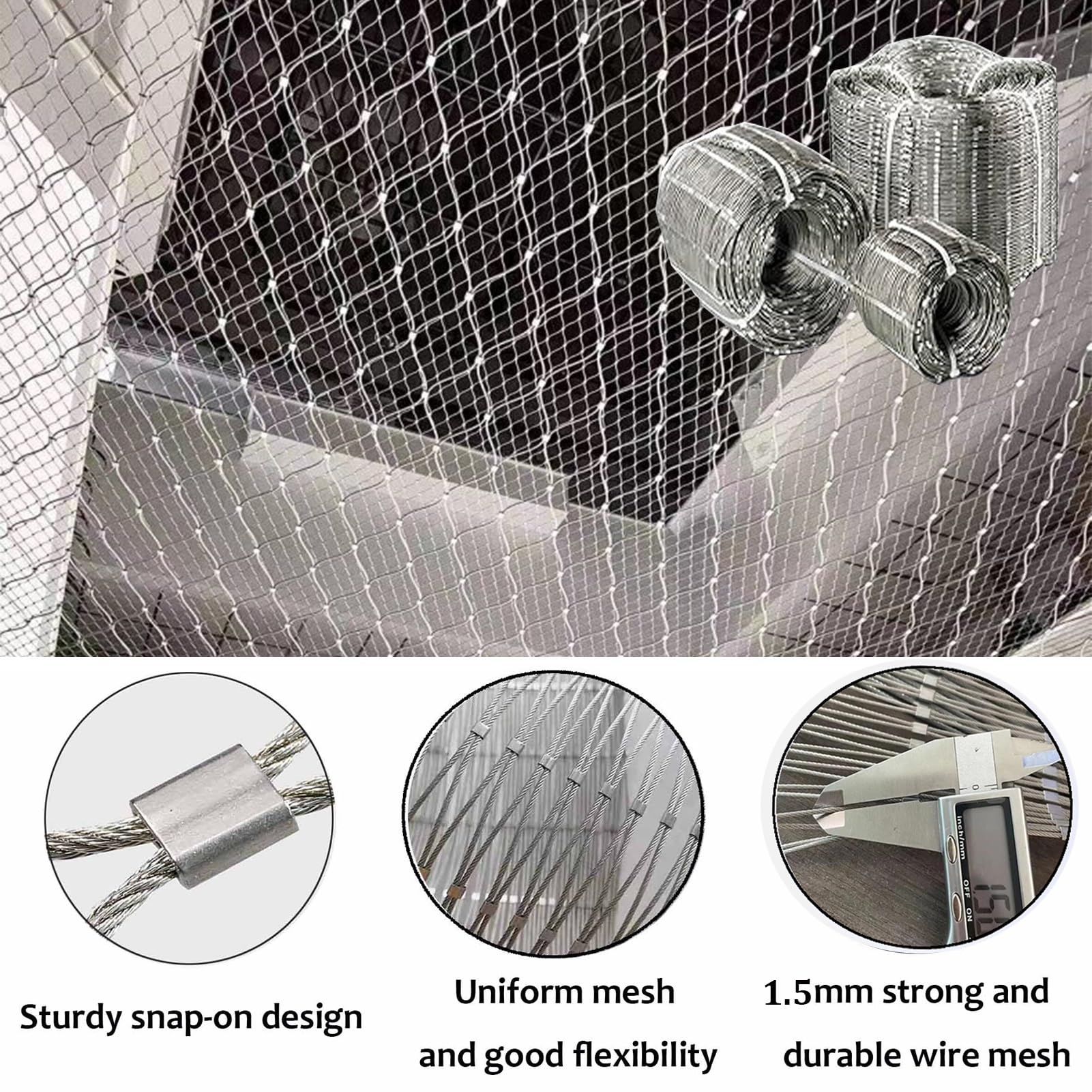Siatka z drutu stalowego 304, elastyczna siatka balustradowa, 6 cm / 1,5 mm siatka chroniąca drób, na balkon, bezpieczna siatka zapobiegająca upadkowi (0,8 x 24 m)