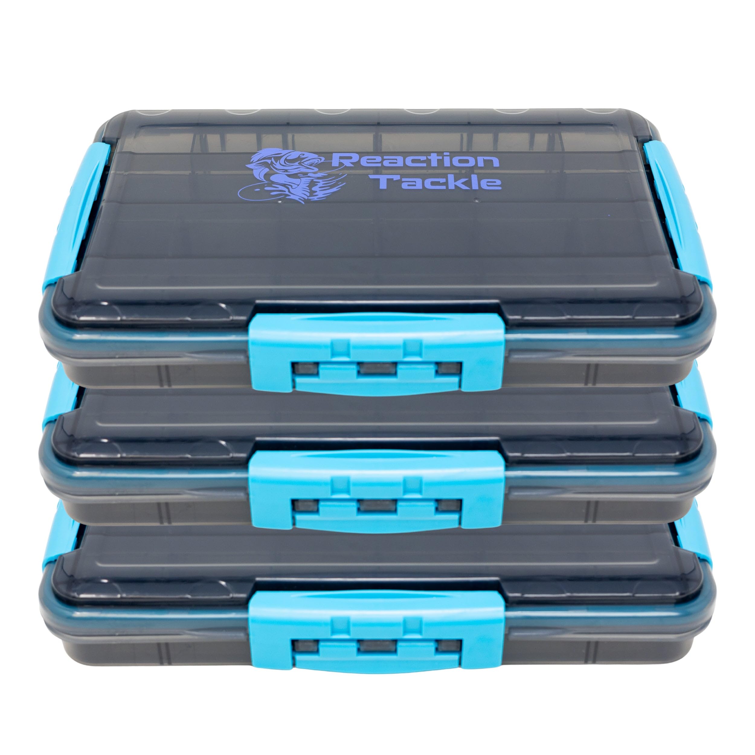 Reaction Tackle Premium Tackle Trays, wasserabweisende Angelausrüstungsbox Organizer mit Dreifach-Clip-Verschluss, herausnehmbare Trennwände und klares Sicht-Design, 3700 (3er-Pack)