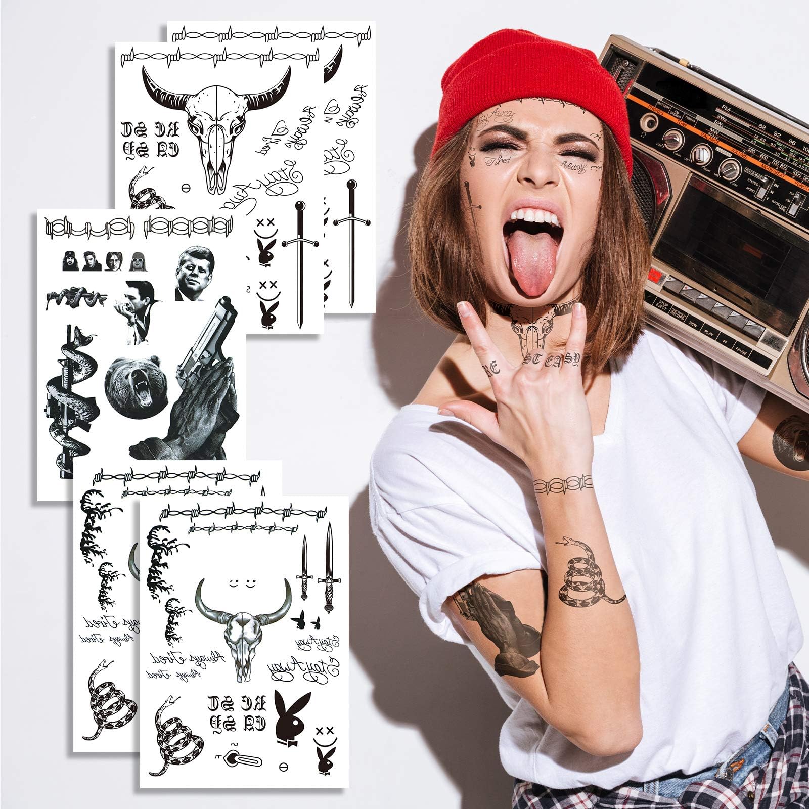 Face Tattoo,Halloween Temporary Tattoos Sticker, Halloween Costume Accessories,Parties Tattoos,5 Sheets Face Neck Hands Arm Tattoos Sticker.