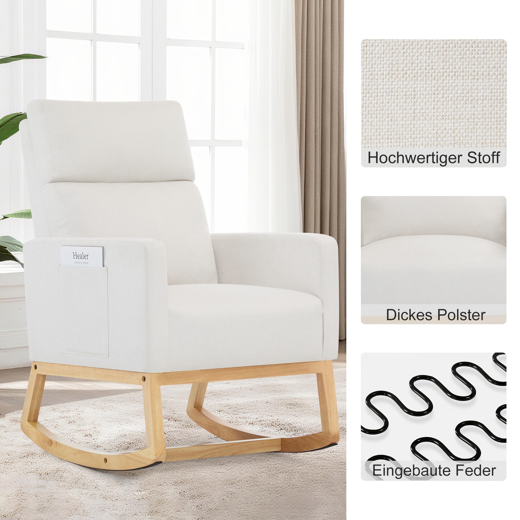 XH. Easy Go Schaukelstuhl fürs Kinderzimmer Schaukelsessel Stillsessel mit Hoher Rückenlehne, Stillstuhl Leinen Schaukelstühle Rocking Chair für Wohnzimmer und Schlafzimmer,Bis 150 kg, Elfenbein