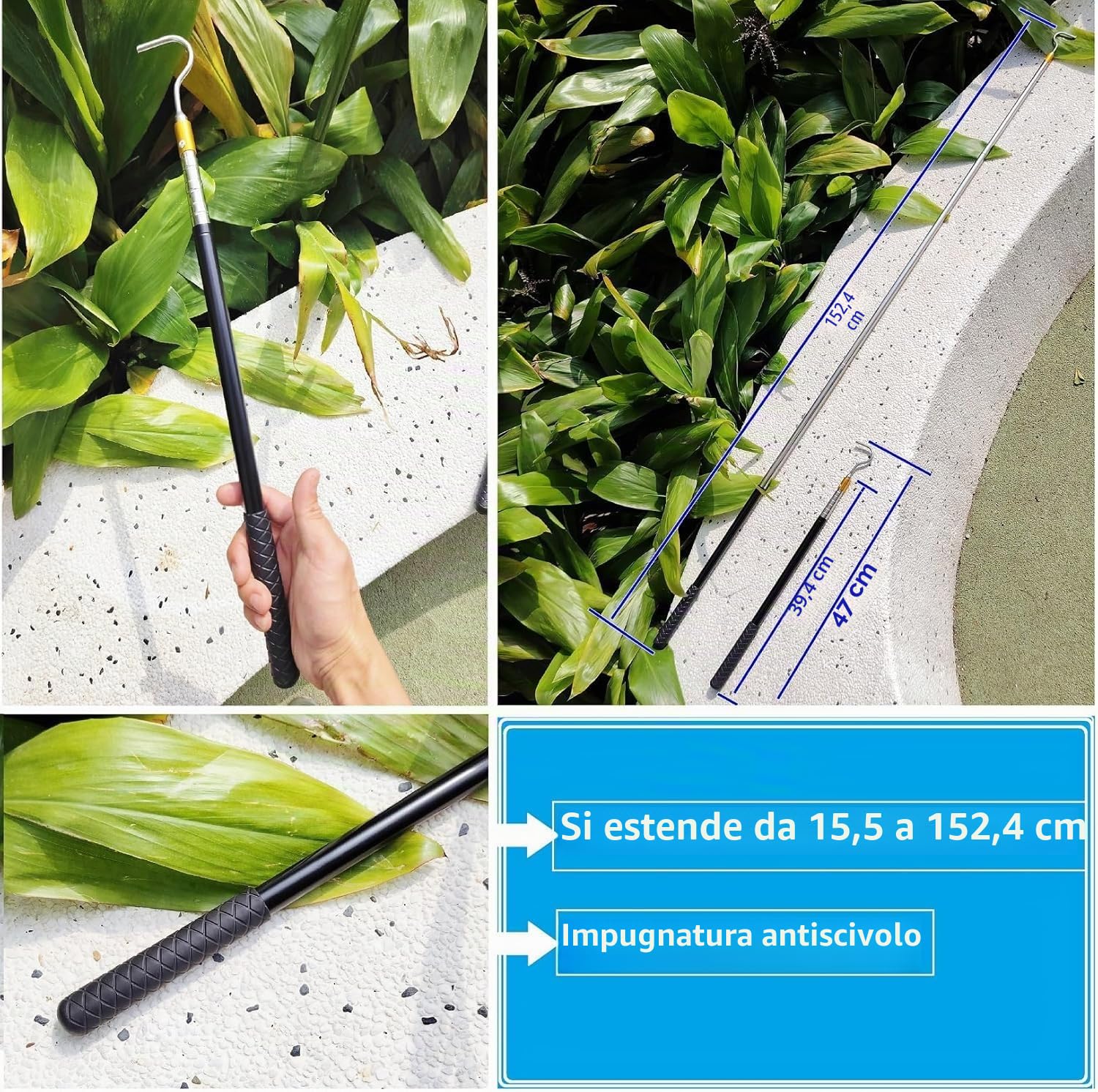 Asta Telescopica 150 cm Gancio a Serpente Acciaio Inox per Tenda Apri Tenda