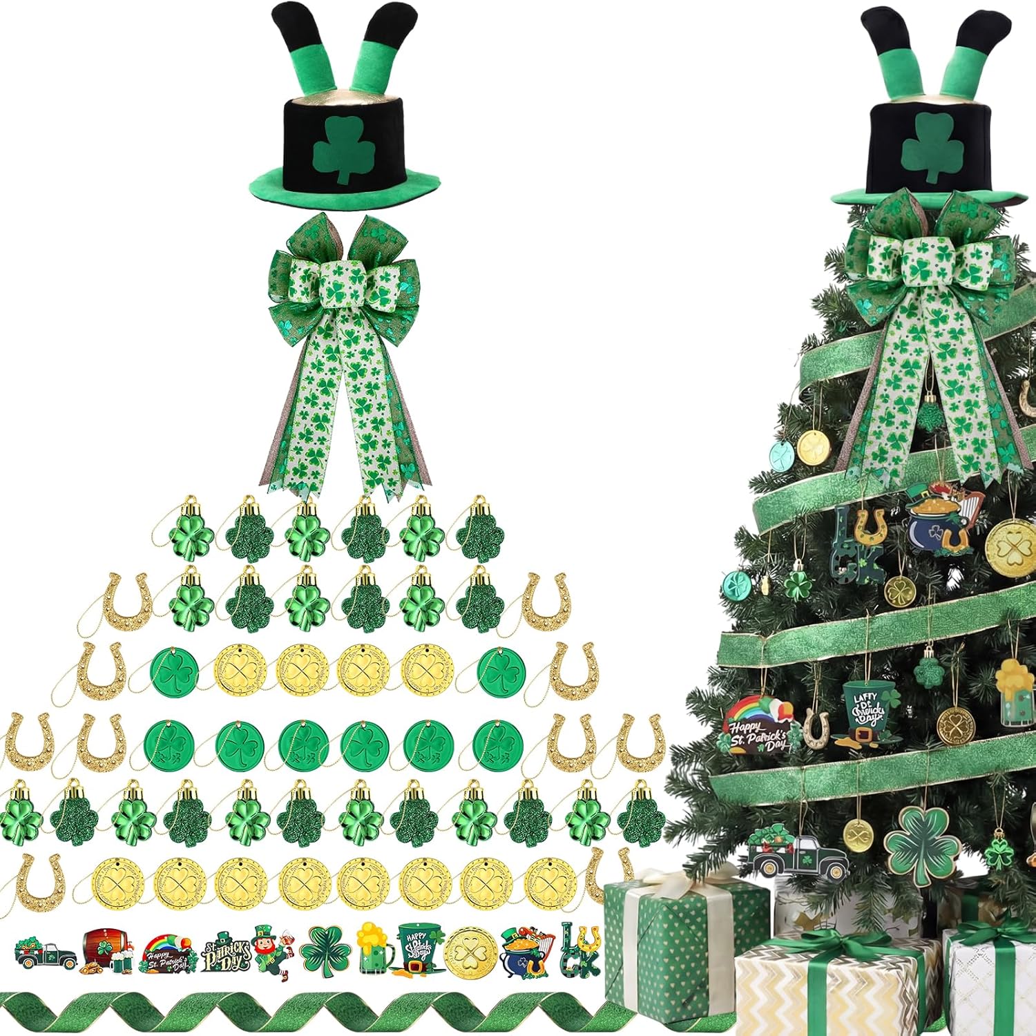 St. Patricks Day Tree Ornaments Decorations St Patricks Day Bow for Wreath Decorations Tree Topper Hat Bow Ribbon Shamrock Coins Hanging Ornaments for Irish Party