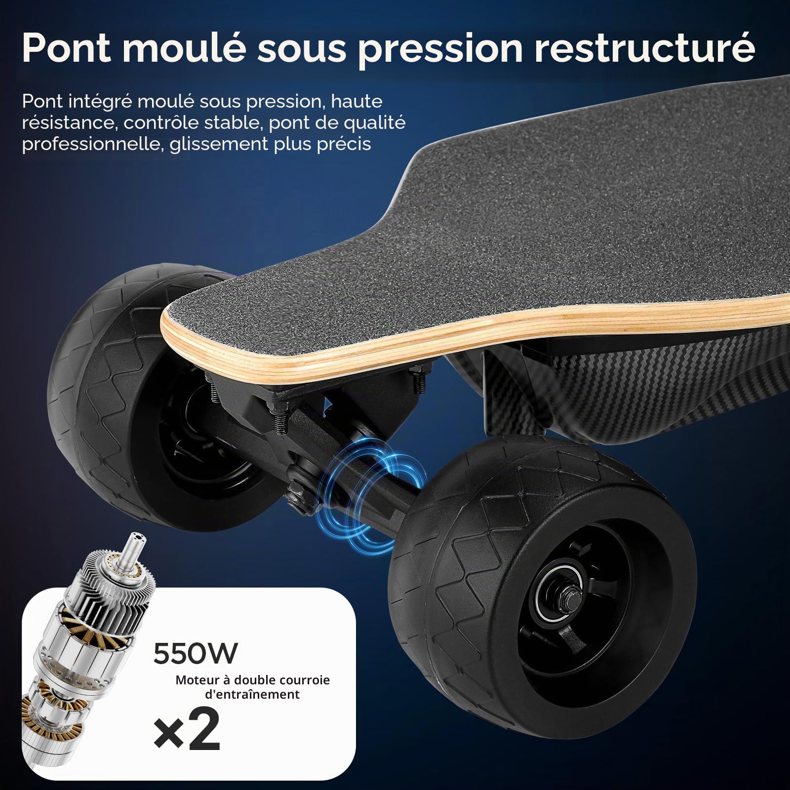 Skateboard électrique de qualité supérieure | Double moteurs de 550 W | Vitesse maximale 45 km/h | Portée de 30 km | Télécommande | Idéal pour la Route