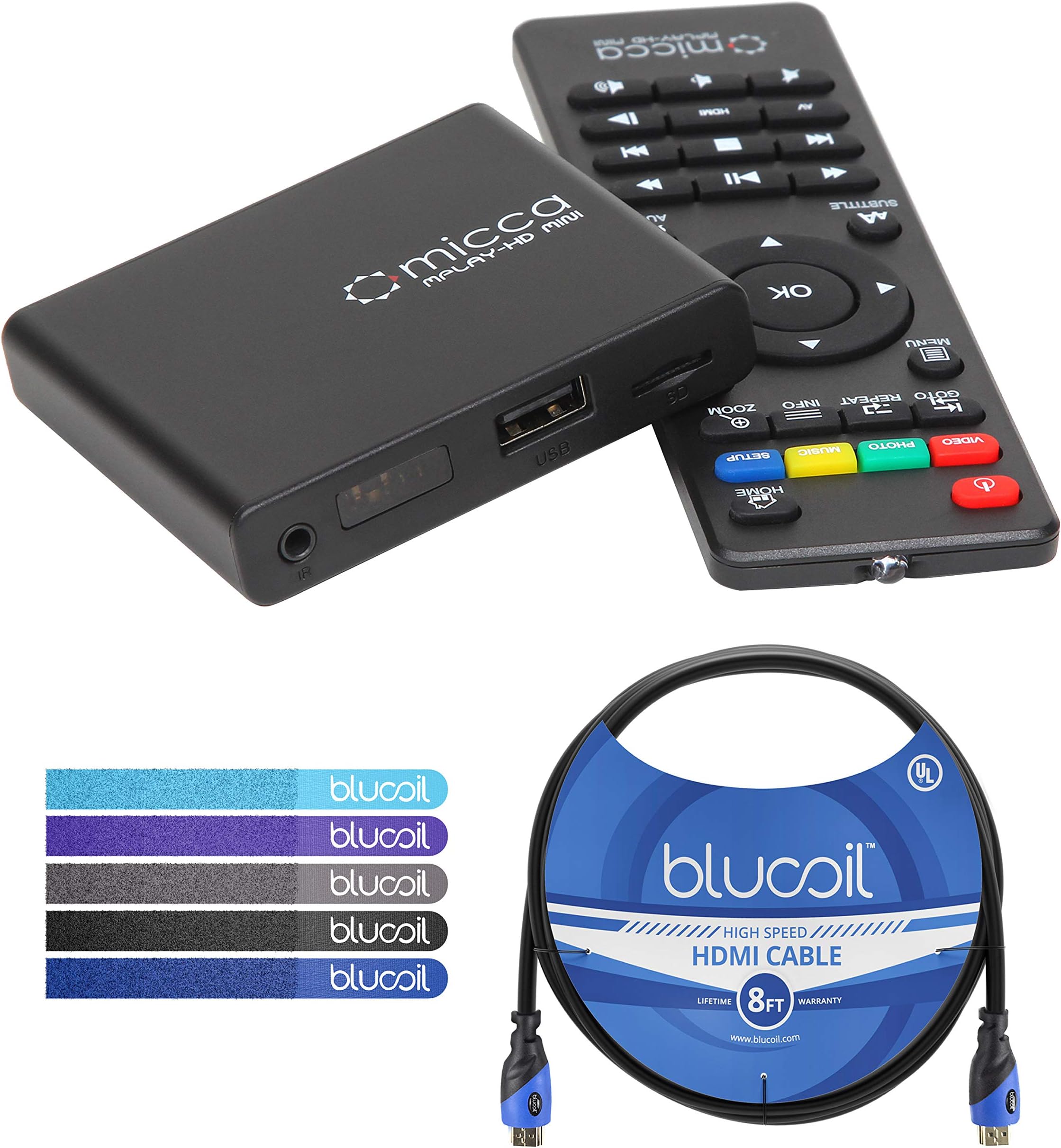 Micca MPLAY-HD Mini Digital Media Player with IR Remote Control Bundle with Blucoil 8-FT HDMI Cable, and 5-Pack of Reusable Cable Ties
