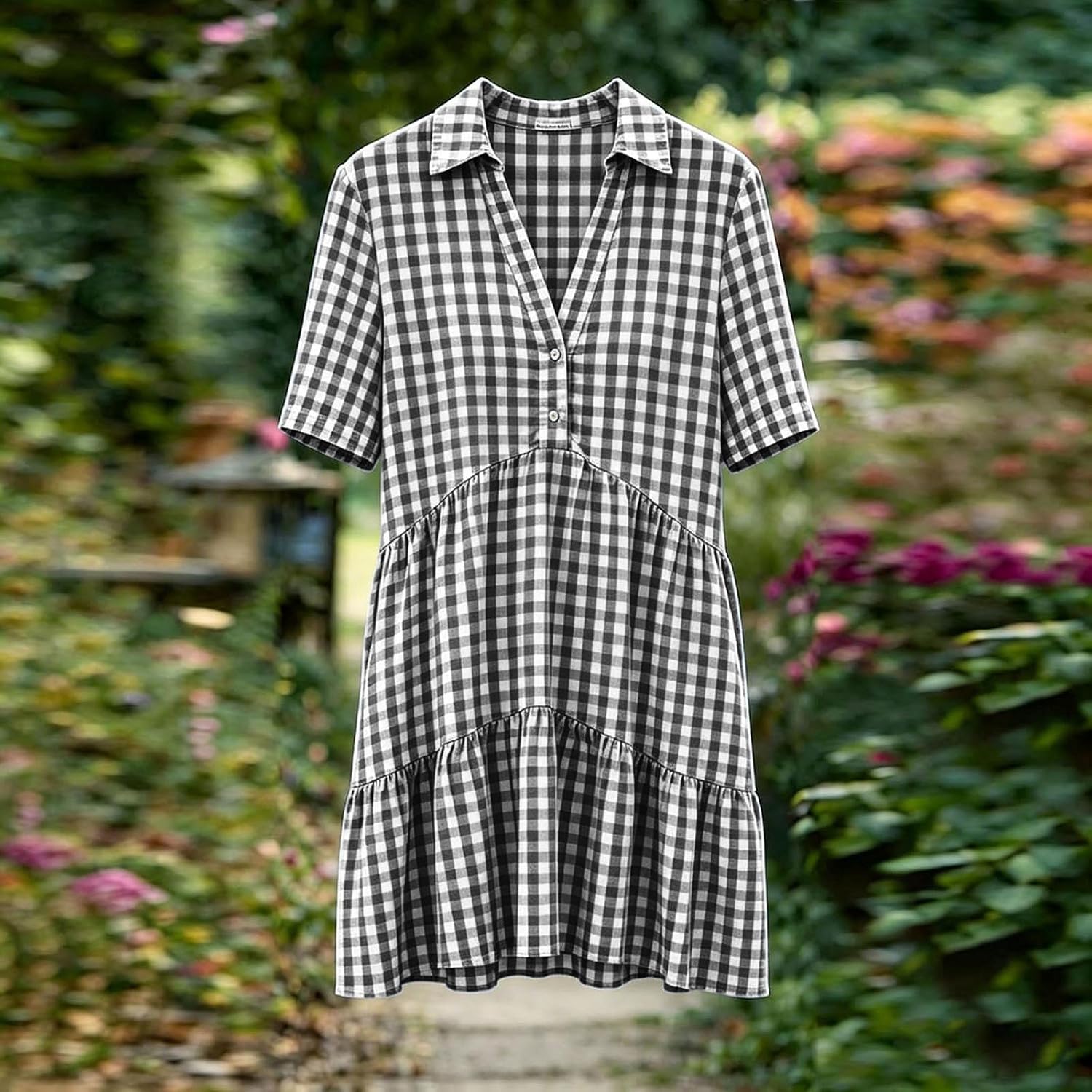 Women's Casual Plaid Button Down V Neck Shirt Dress Boho Short Sleeve Gingham Mini Tunic Dress Ruffle Hem Clothing