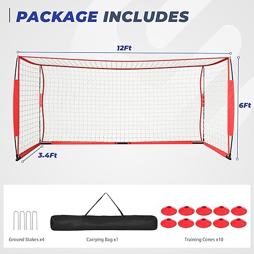Miniatura 7 de Portería de fútbol, portería de fútbol de 12 x 6 pies para patio trasero, red de fútbol portátil para entrenamiento de práctica al aire libre,