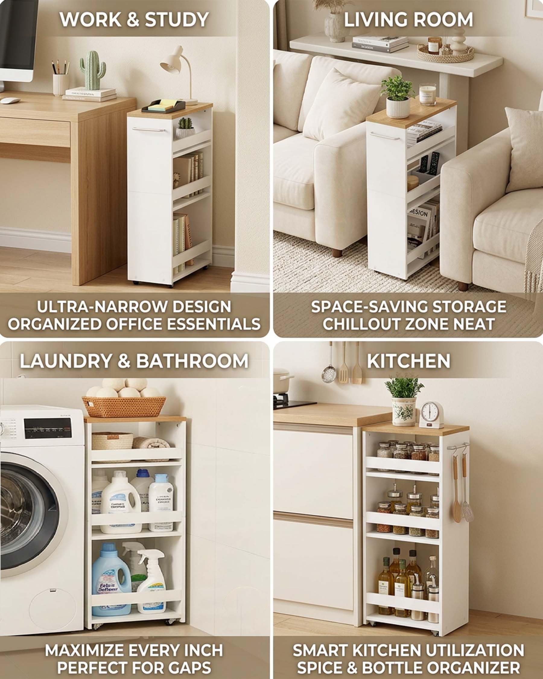 Carrito de Almacenamiento Estrecho Blanco 5 Niveles 40×22×108cm | Cuatro ruedas, dos con freno, facilitan el desplazamiento; el asa lateral y los ganchos añaden espacio de almacenaje.