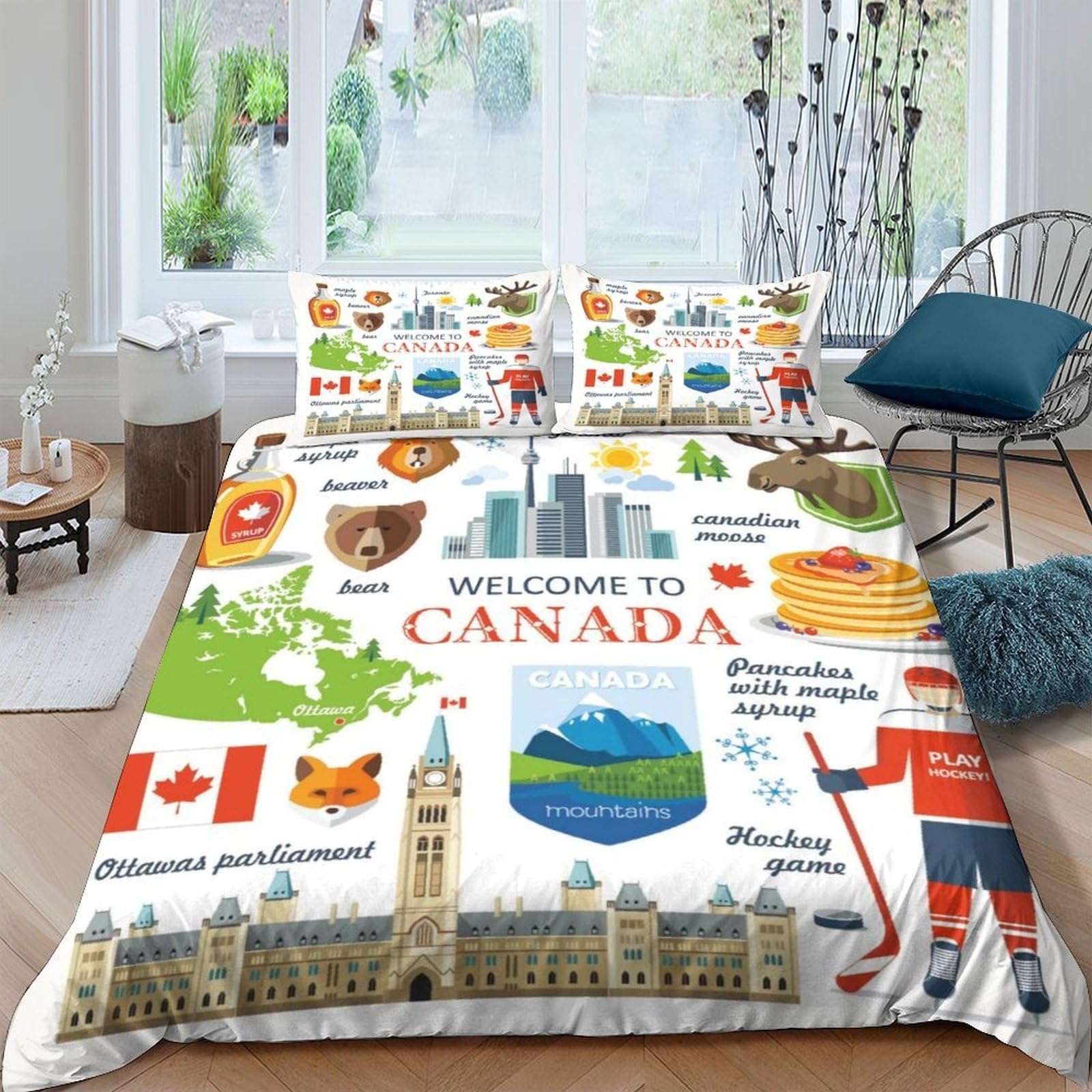 GPLZQXKJNH 3D Printed Canada Map Duvet Cover Microfiber Soft Breathable Landmark Quilt Cover Set with 2 Pillowcases for Bedroom Decor Single（135x200cm）
