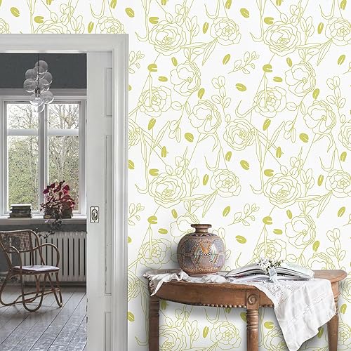 Miniatura 2 de WENMER Papel tapiz de contacto floral para despegar y pegar de 17.3 x 118 pulgadas, papel de contacto floral verdedorado y blanco, moderno, bohemio,
