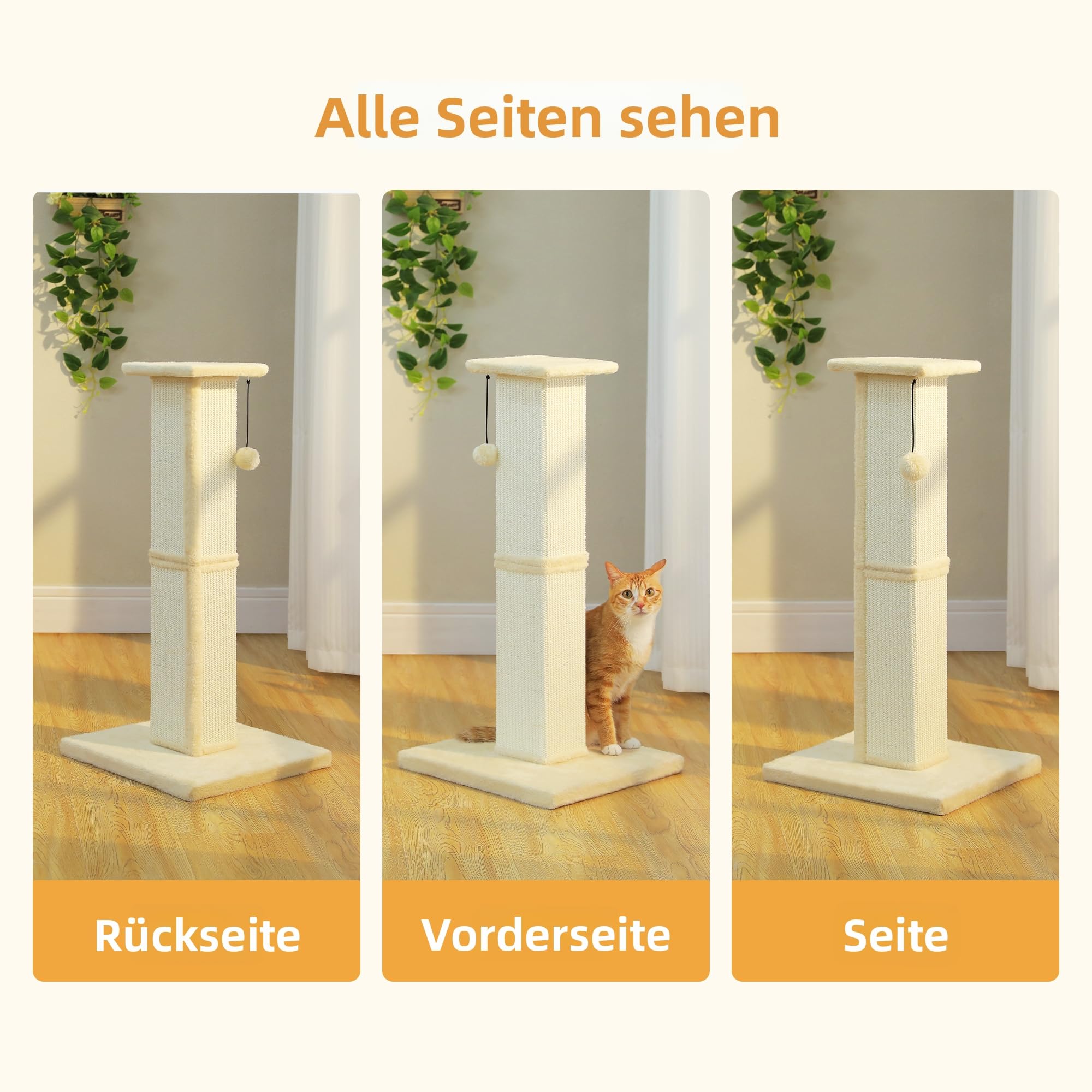 PETEPELA große Kratzsäule für Katzen, 82 cm hoch Kratzbaum für Wohnungskatzen, Stabiler Sisal-Kratzstamm mit großer Bodenplatte und Spielball – Beige