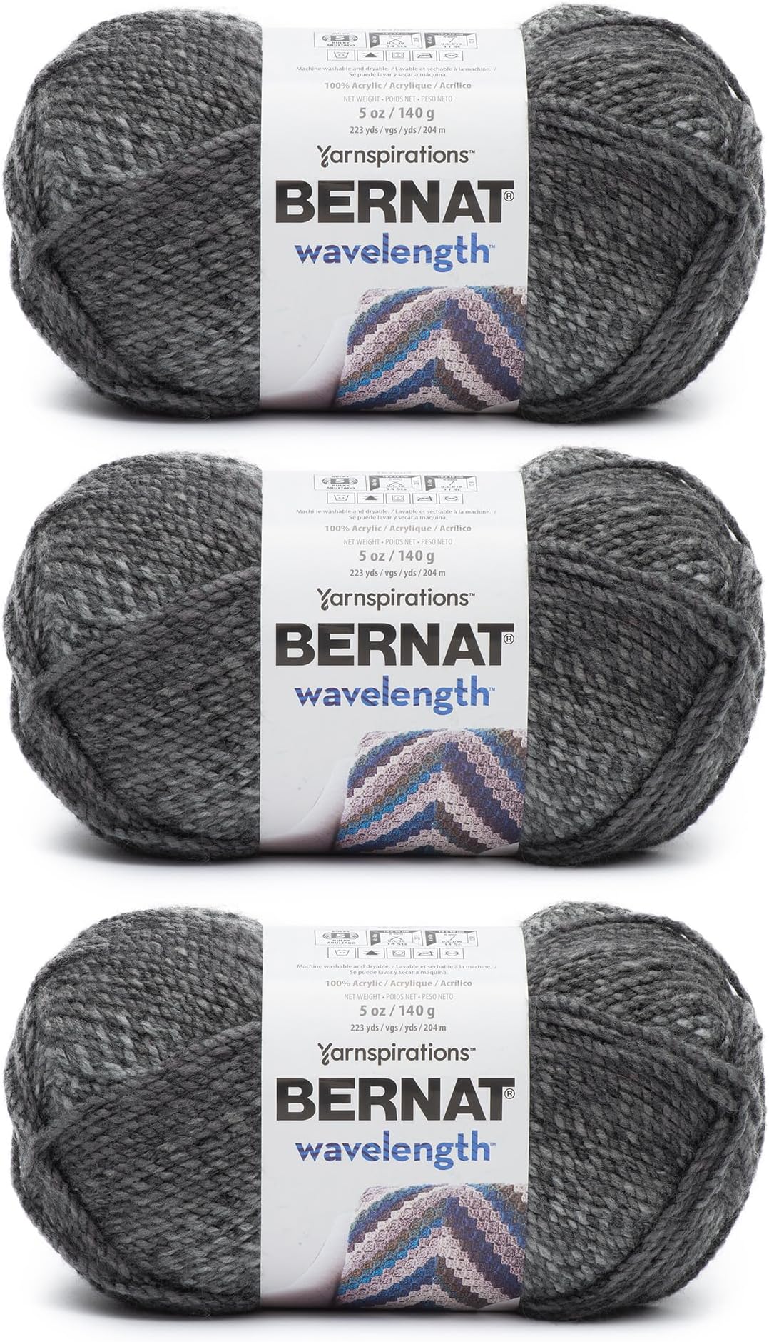 Bernat Wavelength Snowflake Obsidian Yarn - 3 Pack of 5oz/140g - Acrylic - #5 Bulky - 223 Yards - Knitting & Crochet