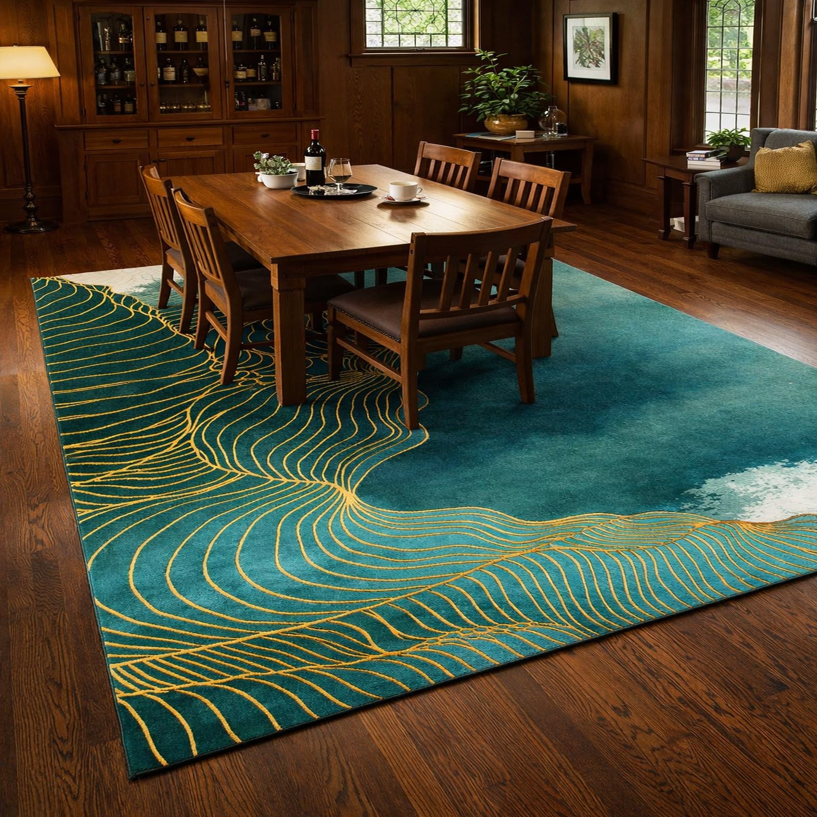 Tapis de salon 170x240cm lavable et antidérapant vert abstrait Rururug