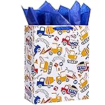 SUNCOLOR Construction Vehicle Pattern Gift Bag with Blue Tissue Paper, Extra Large 15.7x12.6x4.7 Inch, White Paper Bag with Handles for Boys Birthday, Baby Shower