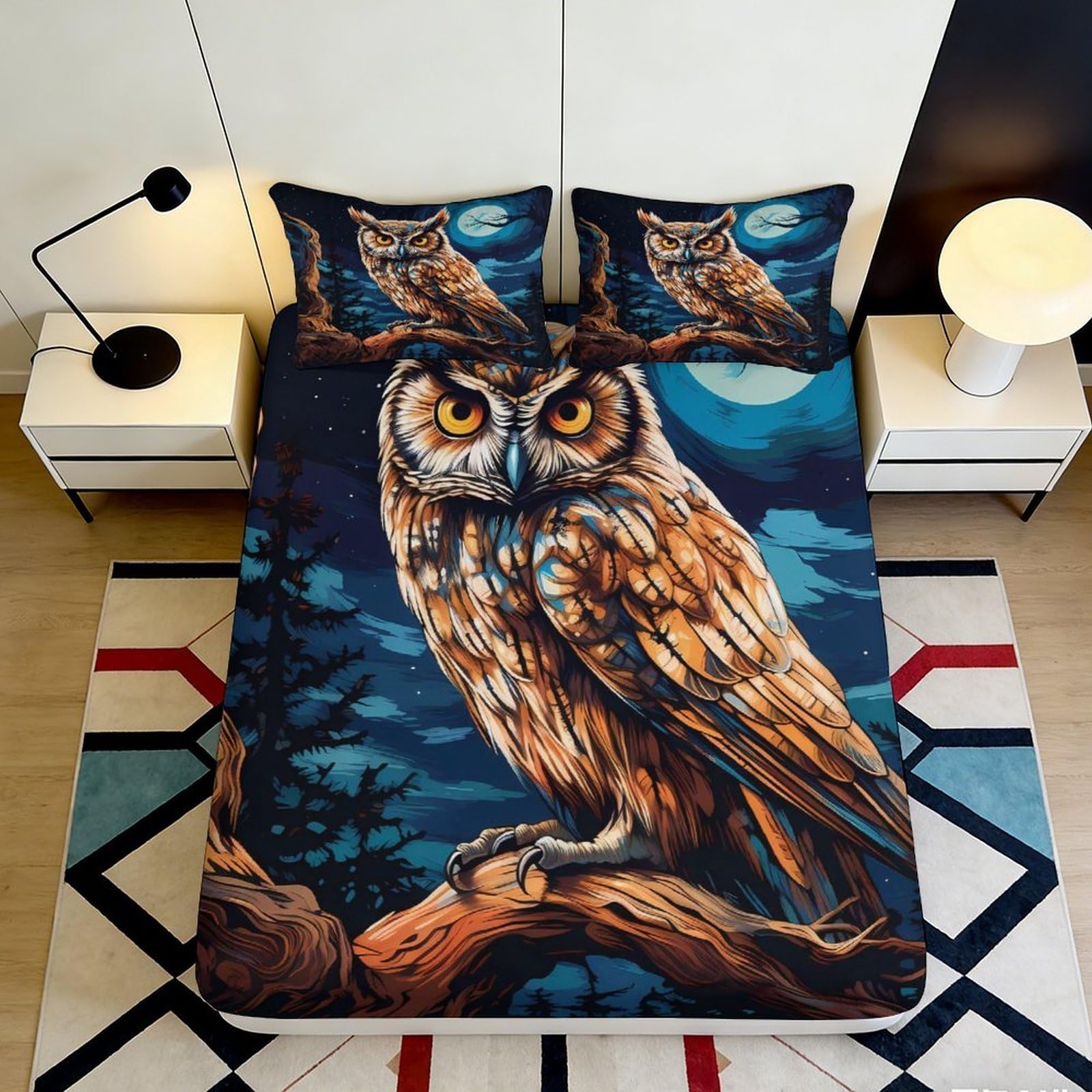 Jqzkxnhpbr Style-5 3D Printed Night Owl Fitted Sheet Microfiber Soft Breathable Moon Forest Mattress Cover Bedroom Decor 90X200x25cm