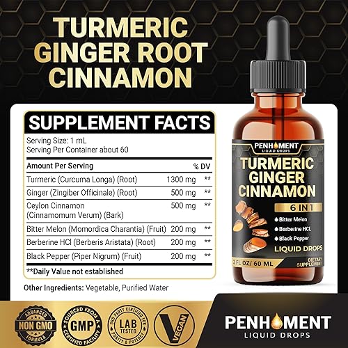 Miniatura 2 de Penhoment Curcumina líquida de cúrcuma 6 en 1 con jengibre, extracto de berberina, canela de Ceilán, melón amargo, pimienta negra, extracto de