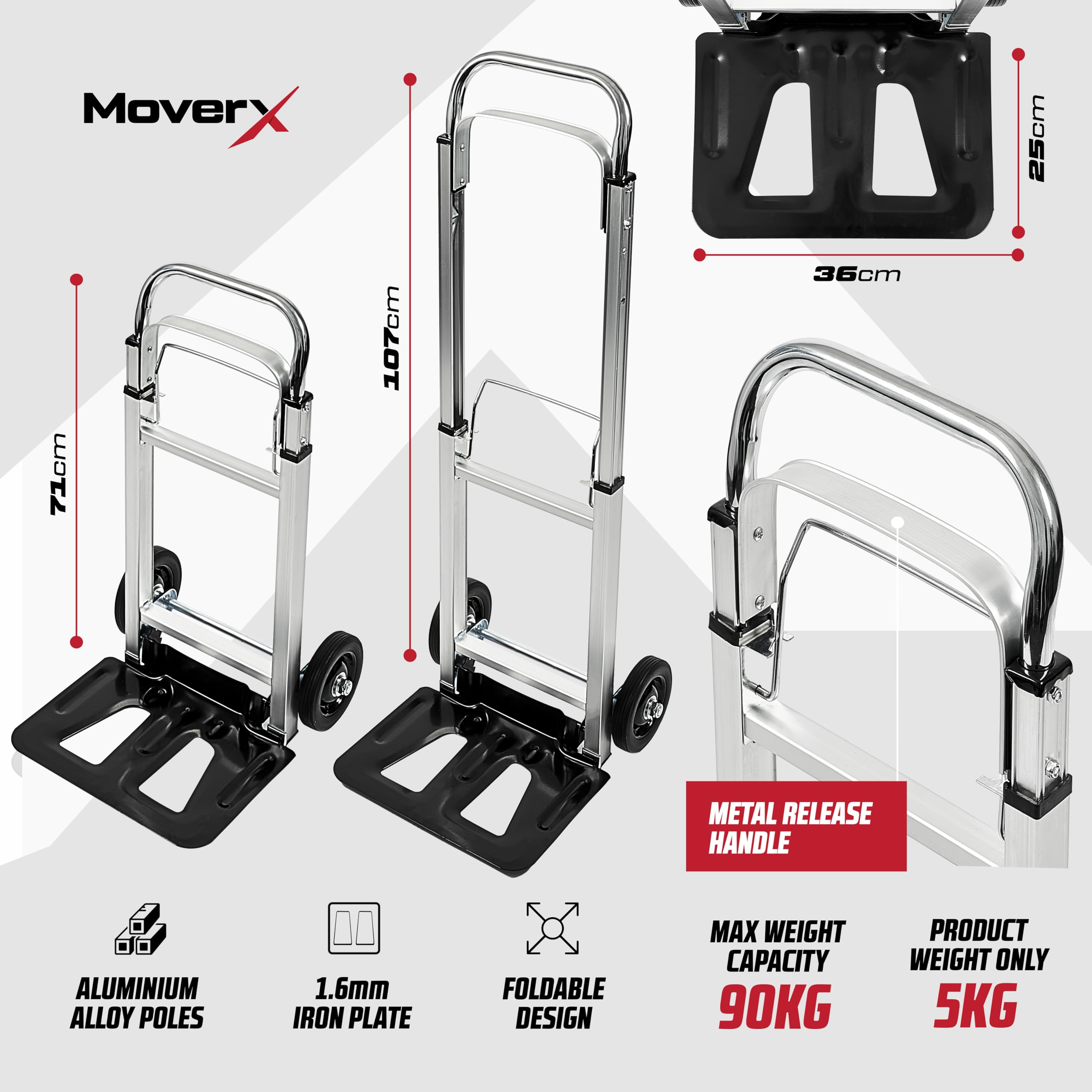 MoverX Carretilla de mano plegable de aluminio, carro de mano resistente con ruedas, carrito de transporte multiusos, 90 kg