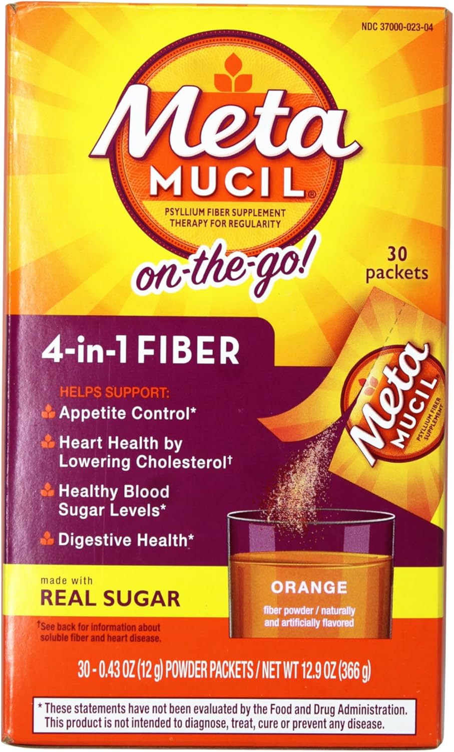 Metamucil On-the-Go, Daily Psyllium Husk Powder Supplement with Real Sugar for Digestive Health, Orange Flavored Drink 30 Count