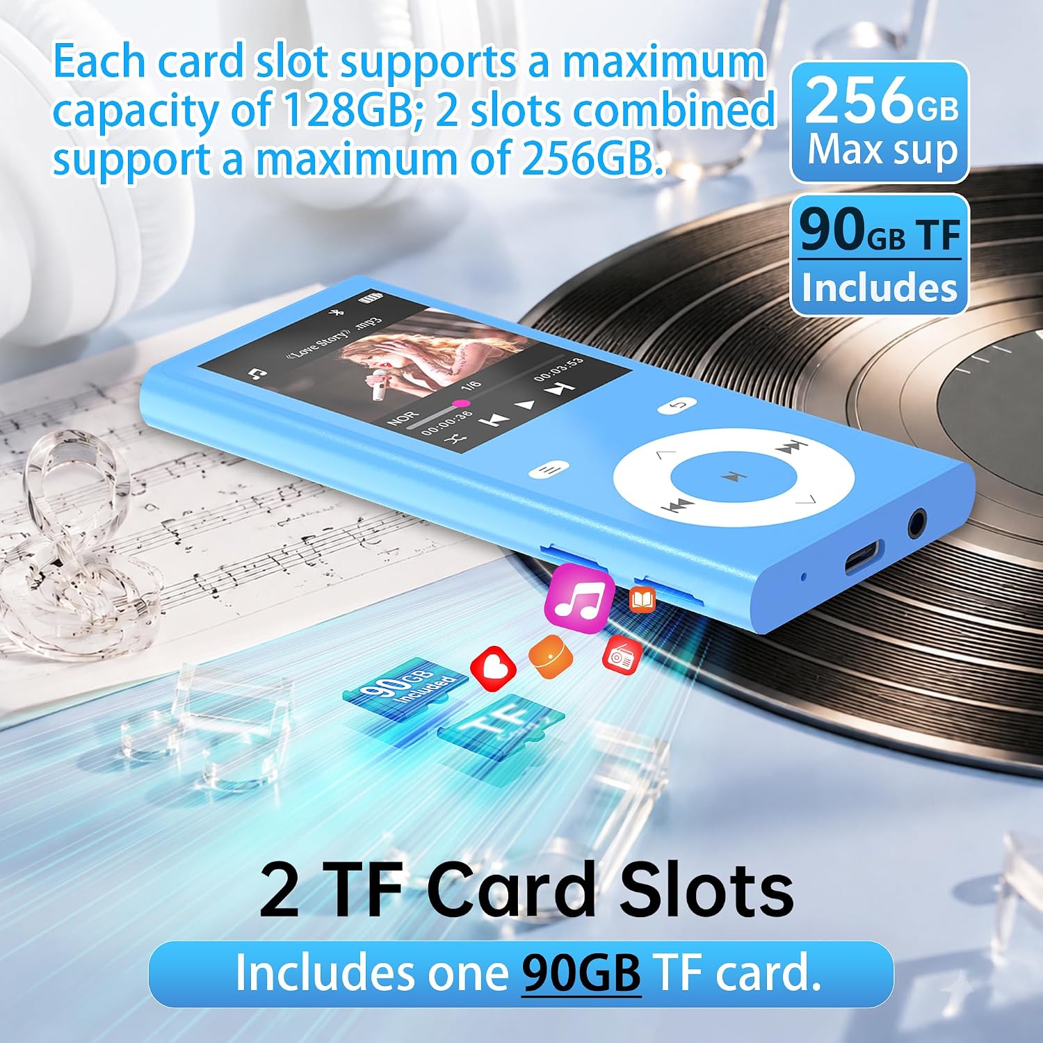 90GB MP3 Player with Bluetooth 5.3, Music Player with 2 TF Card Slots
