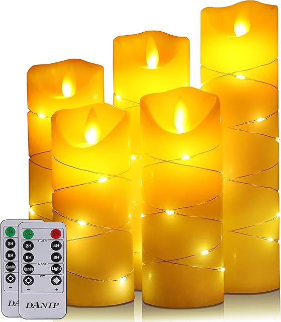 LED Candle, with Embedded Fairy String Lights,5-Piece LED Candle, with 10-Key Remote Control, 24-Hour Timer Function, Dancing Flame, Real Wax, Battery-Powered. (Ivory White)