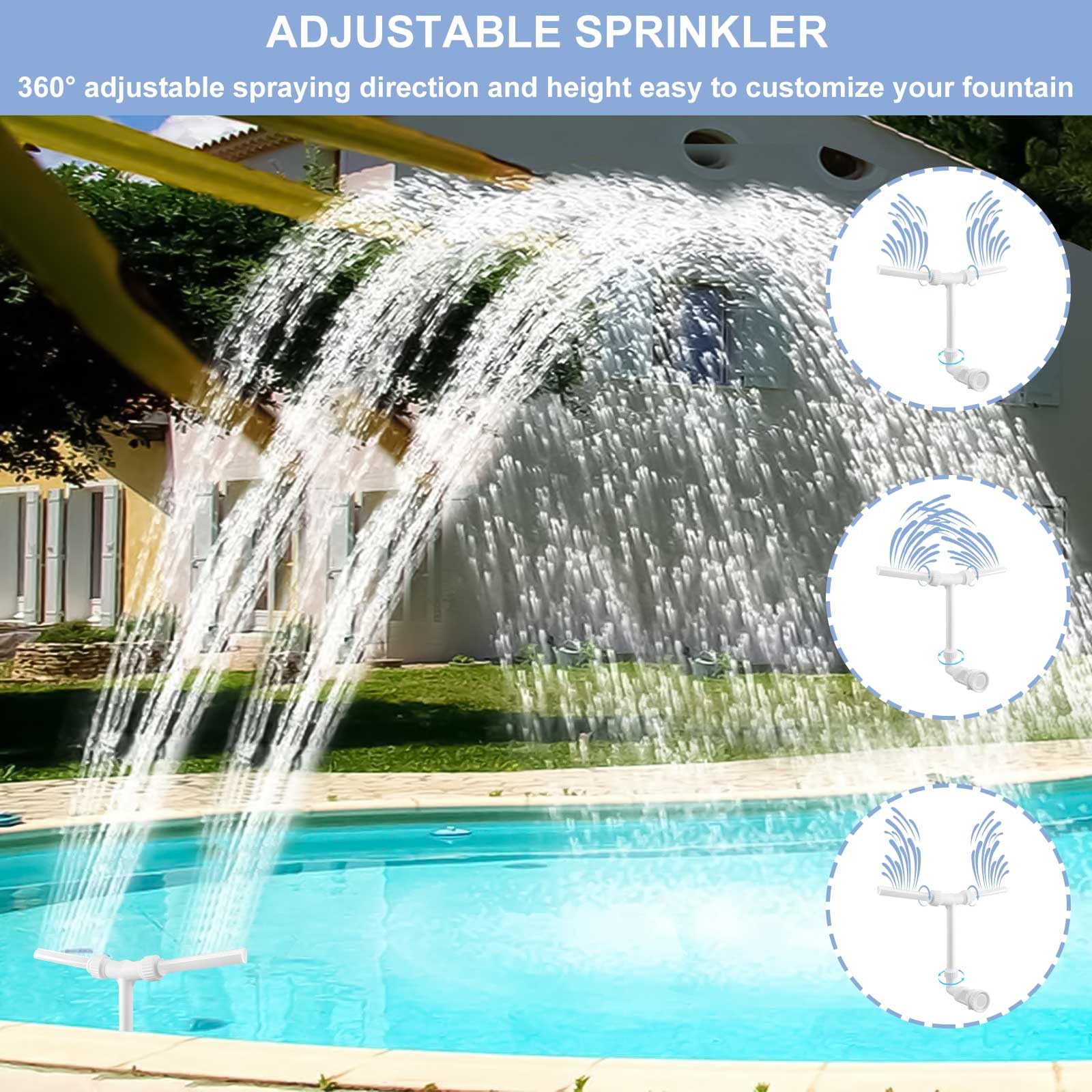 Fontaine de Piscine avec Double Tête de Cascade, Rotation à 360°, Direction de Débit d'eau Réglable, pour Piscine Hors Sol/Souterraine, Sprinkler en Cascade pour Décoratifs Jardins Extérieurs (Blanc)