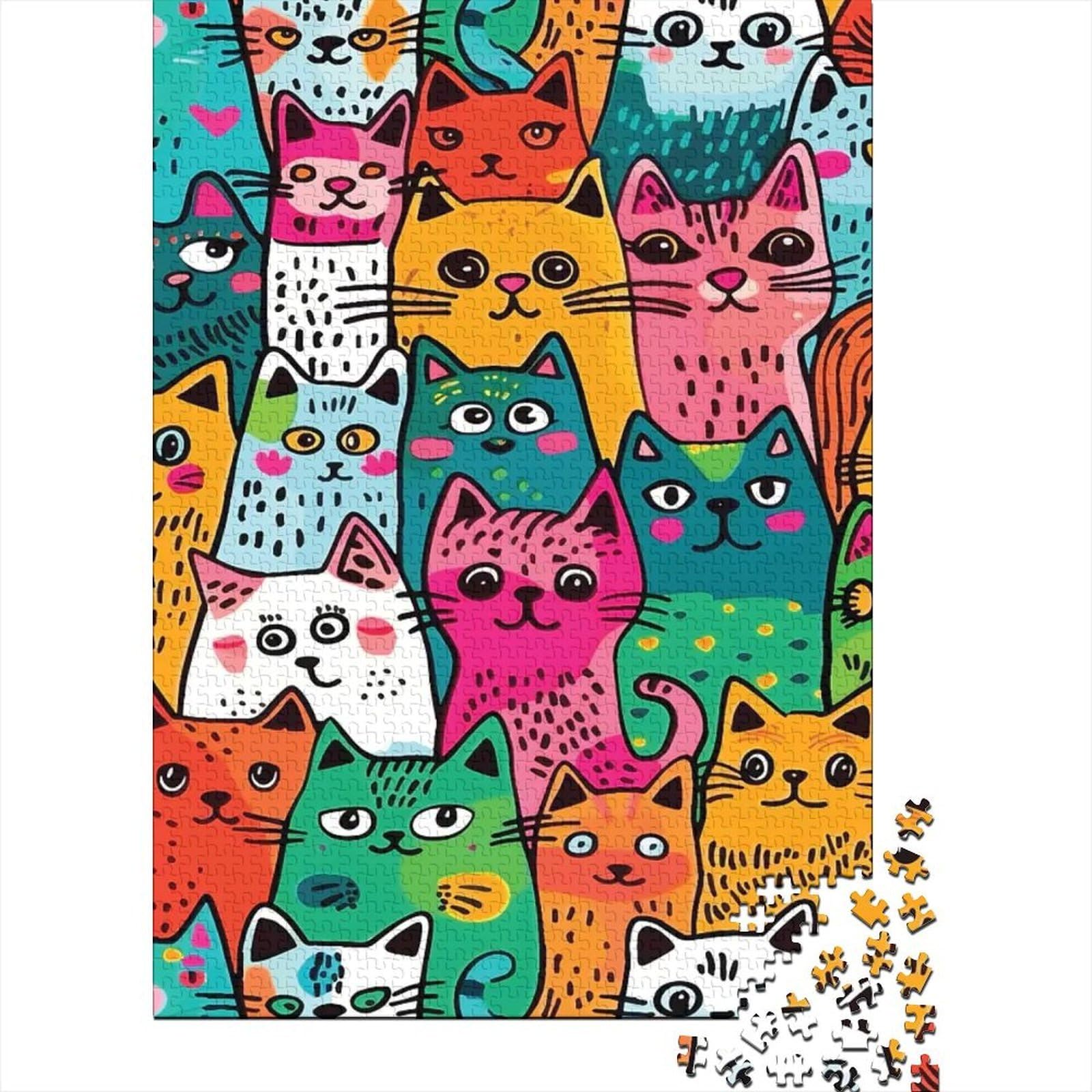 Colorful Cats 1000 Piece Jigsaw Puzzle Paper for Adults Illustration Style Puzzle Game for Family Home Relaxation Focus Gift Decor 38x26cm/1000pcs