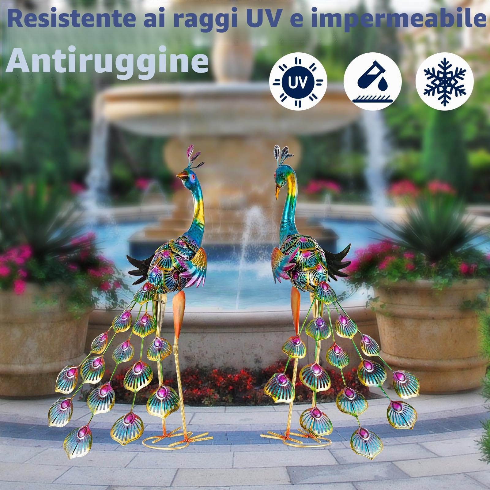 Pavone giardino statue metallo pavone sculture per cortile esterno patio prato veranda cortile decorazione cortile (2 pezzi, blu)
