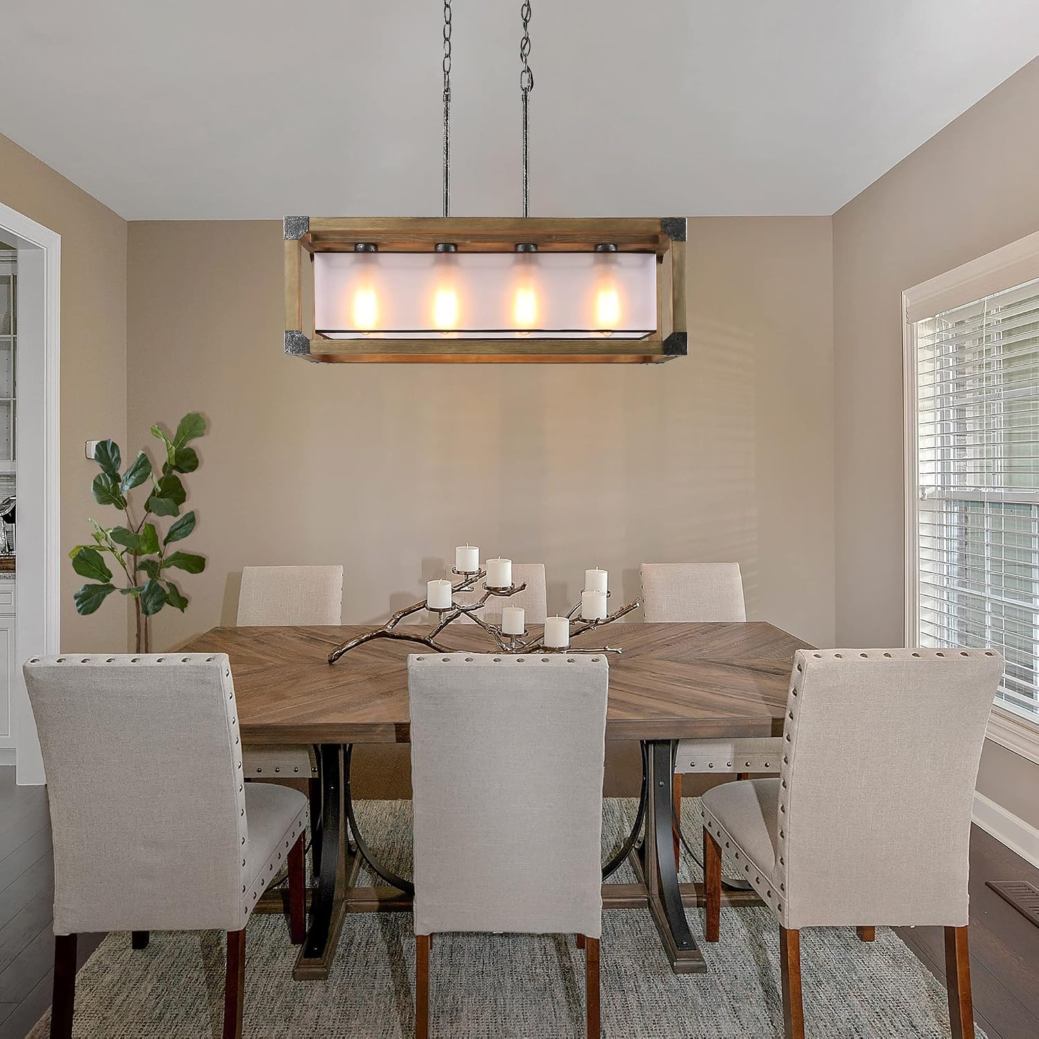 Best Quality 🔥 KSANA Farmhouse Chandelier, Dining Room Lighting Fixtures Hanging in Rustic Rectangle Wood and Metal Finish, Linear Pendant Lamps with PC Shade for Kitchen Island, Entryway