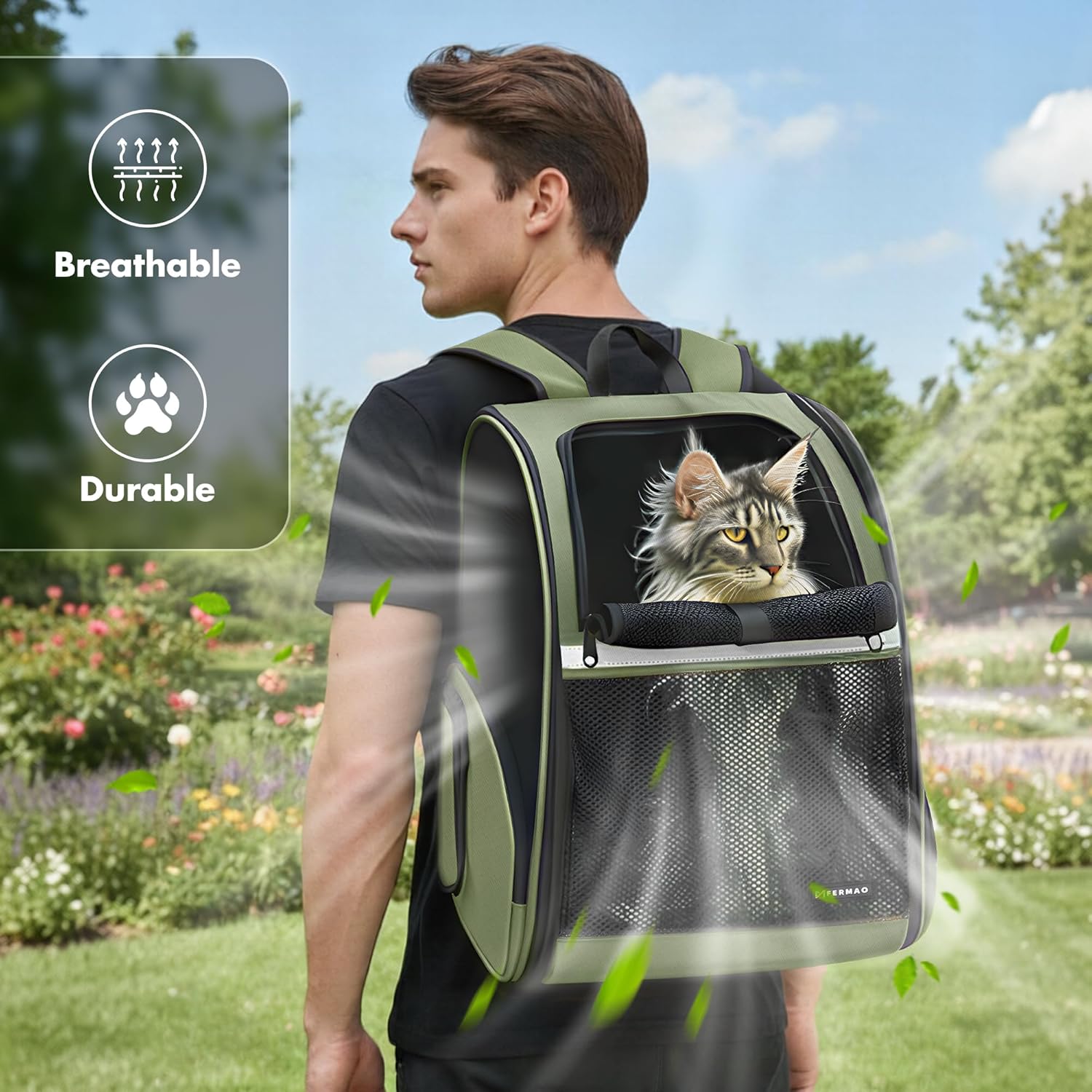 Pet Backpack Carrier, Large Cat Carrier Backpack Up to 20 Lbs with Breathable Mesh, for Medium Large Cats or Small Dogs, Travel Hiking Camping Backpack (DarkGreen-XL)