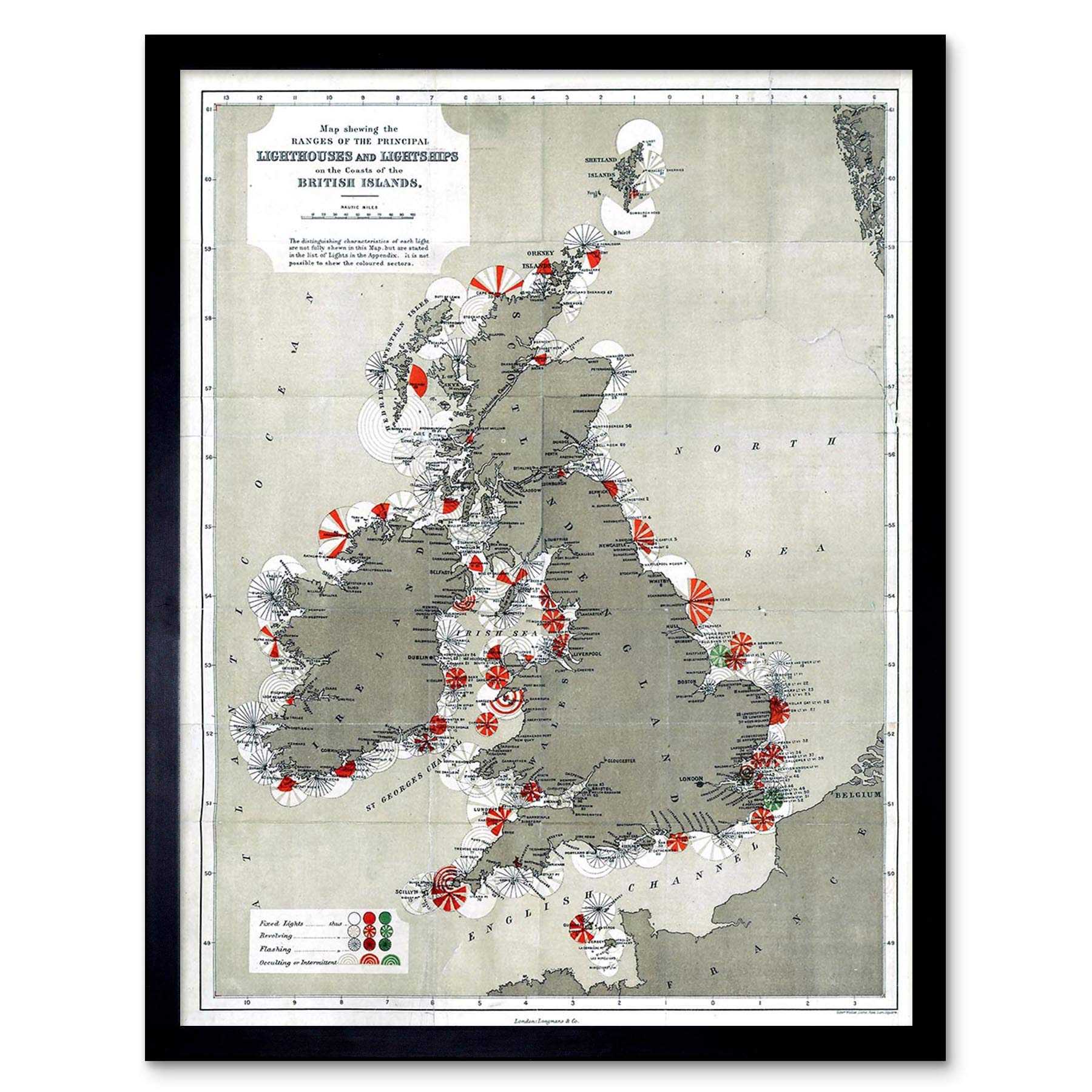 Wee Blue Coo Map Antique 1884 Price Lighthouses Lightships British Isles Art Print Framed Poster Wall Decor 12X16 Inch