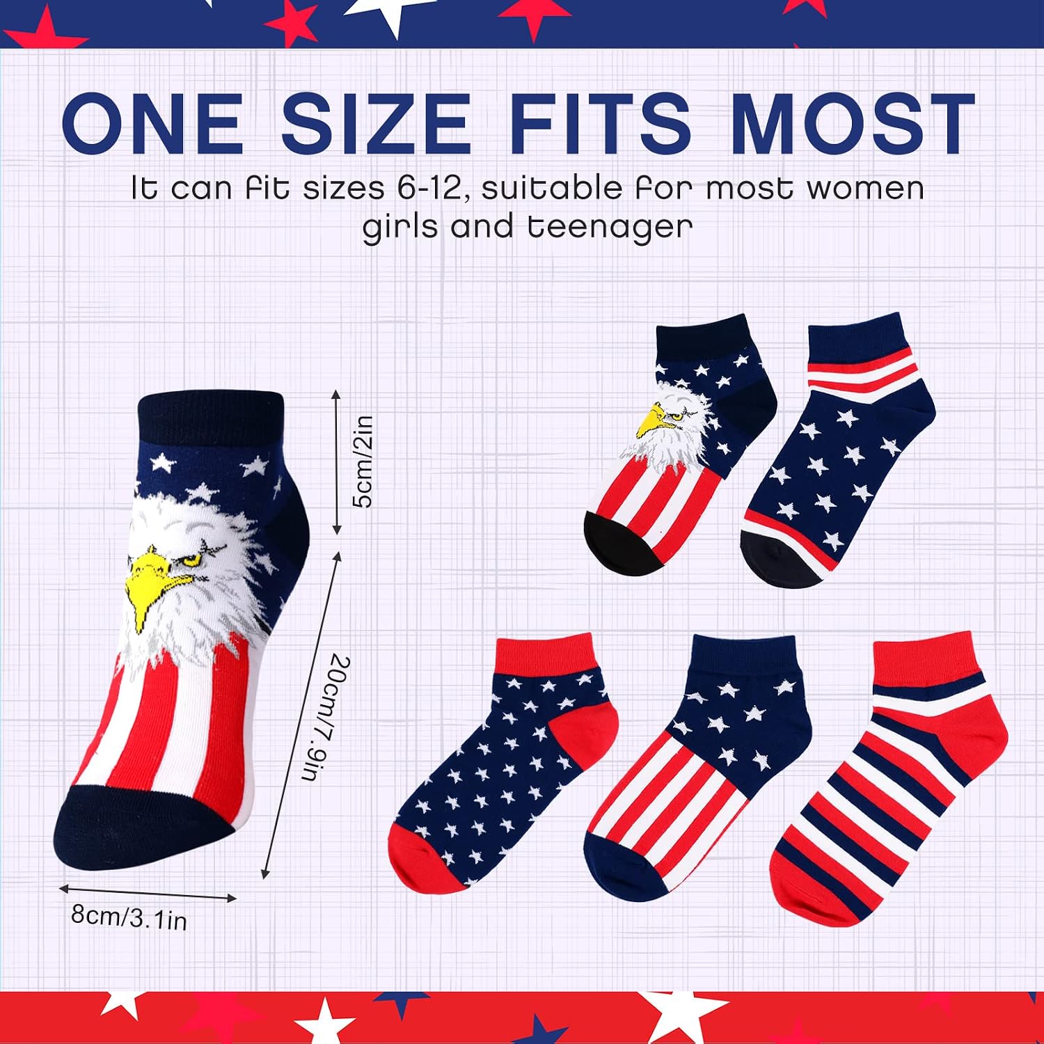 Vicenpal 5 Pairs Unisex American Flag Socks USA Stars Striped Patriotic Low Lightweight Cotton Novelty Low Cut Ankle Dress Socks Gifts for Christmas Teen Girl Men Women