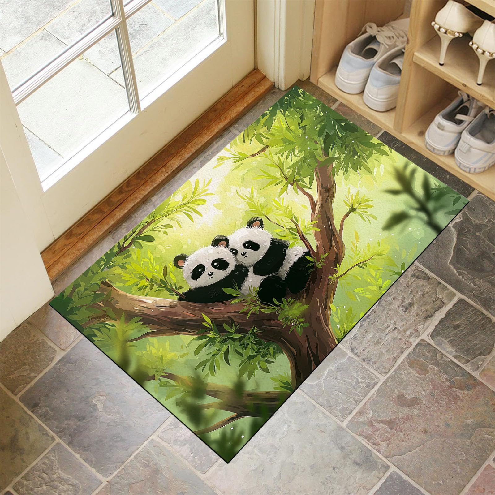 Waschbar Fußmatte Panda Aus Astbaum - 80x120cm -Willkommen Fussmatte Wald-Cartoon-Tiere rutschfeste Fußmatte für den Eingang für Hauseingänge, Flure, Außentüren