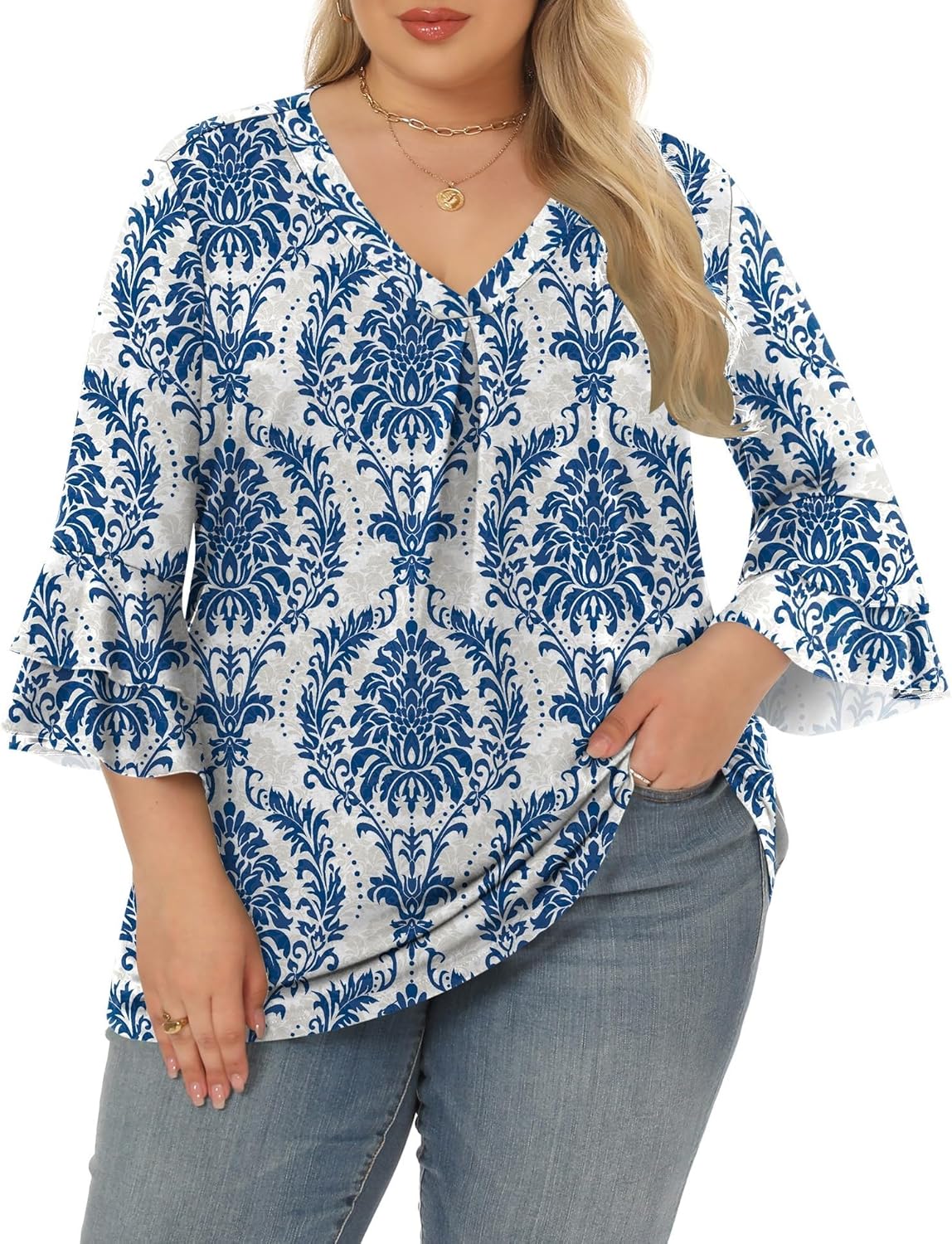 Rapbin Womens Plus Size Tops 3/4 Length Sleeve V Neck Pleated Shirts Loose Fit Tunic Blouse (1X-5X)