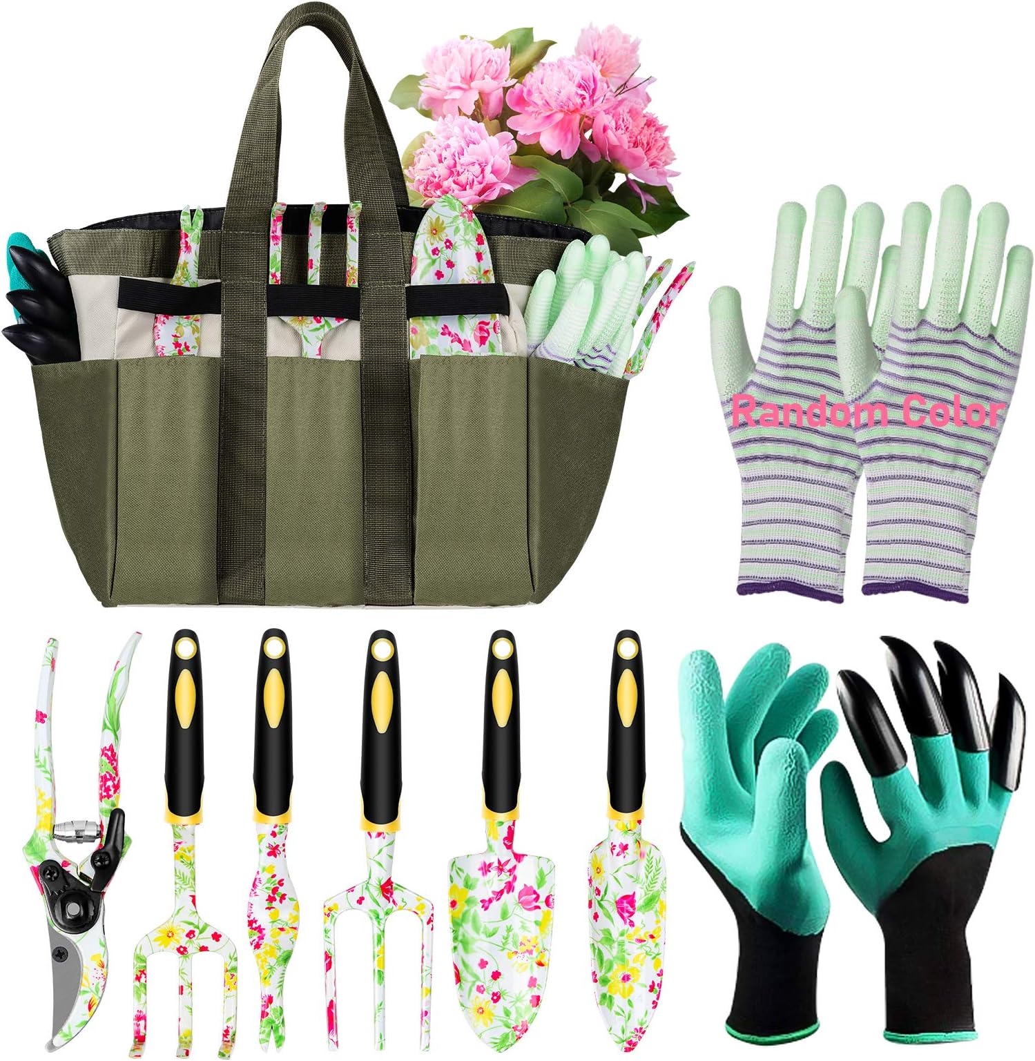 Eslibai Garden Tools Set, 9 Gardening Tools with Soft Garden Gloves and Beautiful Garden Tote Fairy Gardening Gifts Set with Garden Trowel and More