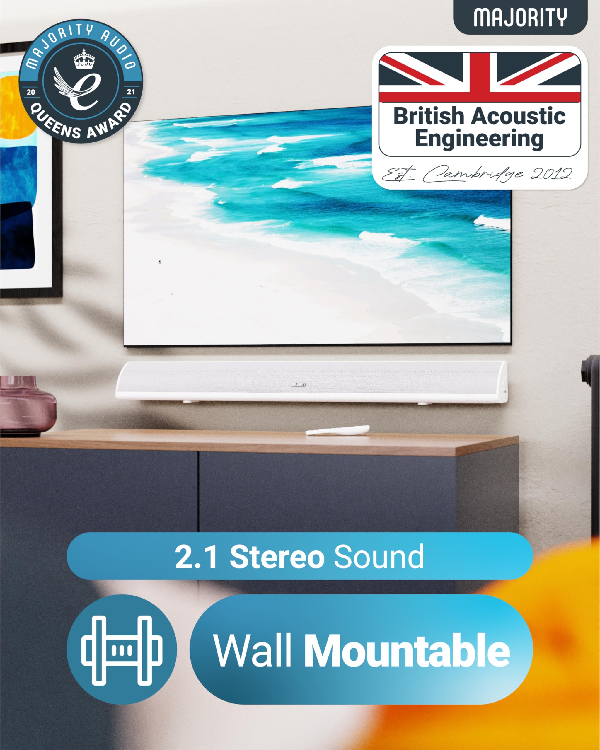 MAJORITY Snowdon Barre de son Bluetooth pour TV | Caisson de basses intégré | Son 2.1 canaux 120 W | Connexion RCA, optique et AUX | Montage mural | 81 cm | Télécommande incluse (blanc)
