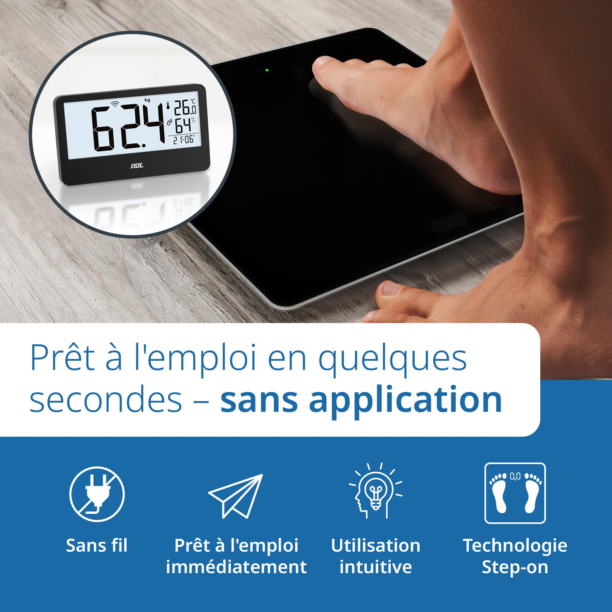 ADE Balance pèse-personne numérique avec écran externe | pour personnes jusqu'à 180kg | poids lisible à hauteur des yeux | balance pour seniors | avec horloge, hygromètre, thermomètre intérieur | Noir