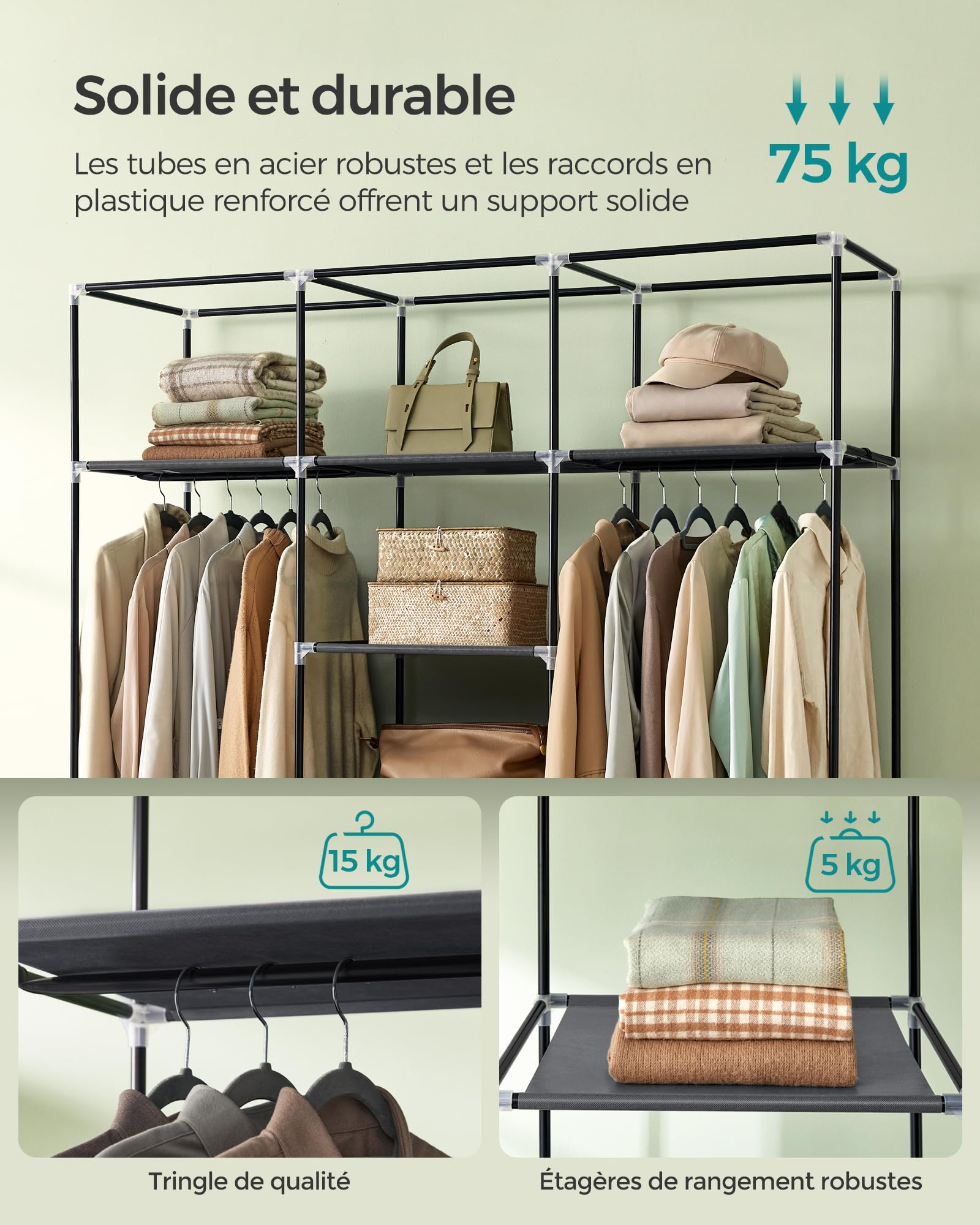 Songmics RYG12G Armoire de rangement en toile Gris 175 x 150 x 45 cm, tissu non tissé 95 g/m², tube métallique de 16 mm, connecteurs en plastique, 150 x 45 x 175 cm (L x W x H)