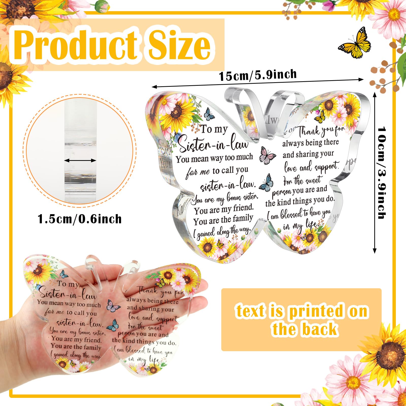 Barydat Sister-in-Law Gifts from Sister Thank You Butterfly Friendship Family Birthday Gift Love You Sister Acrylic Decorative Signs Plaques for Housewarming Wedding Anniversary